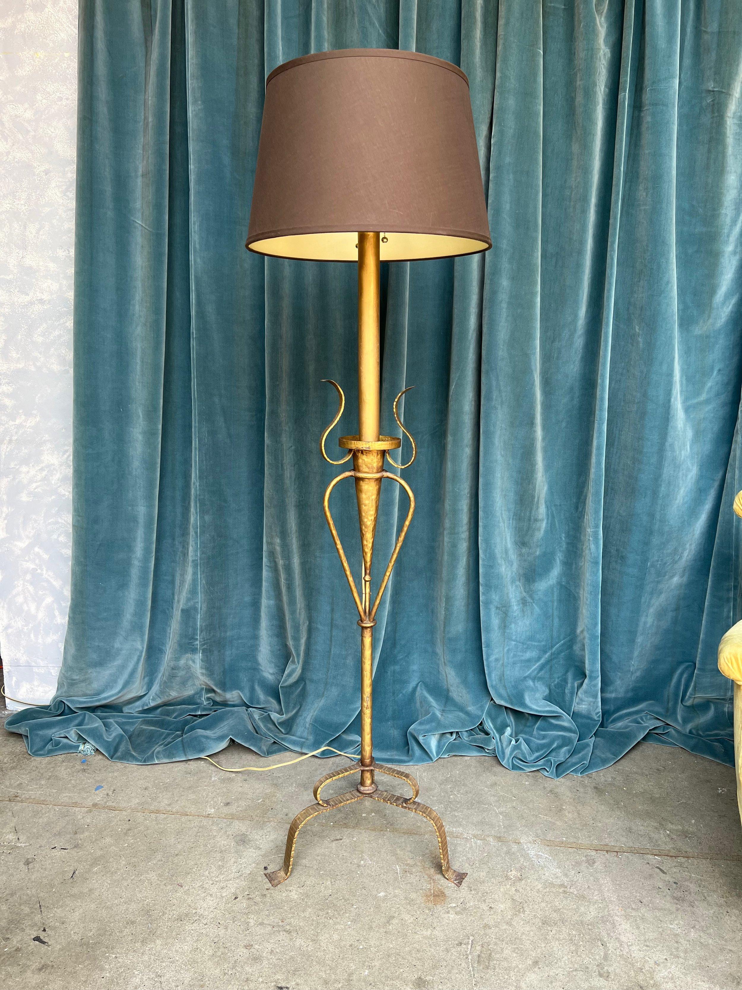 Metal Spanish Gilt Iron Floor Lamp with Ornate Base For Sale