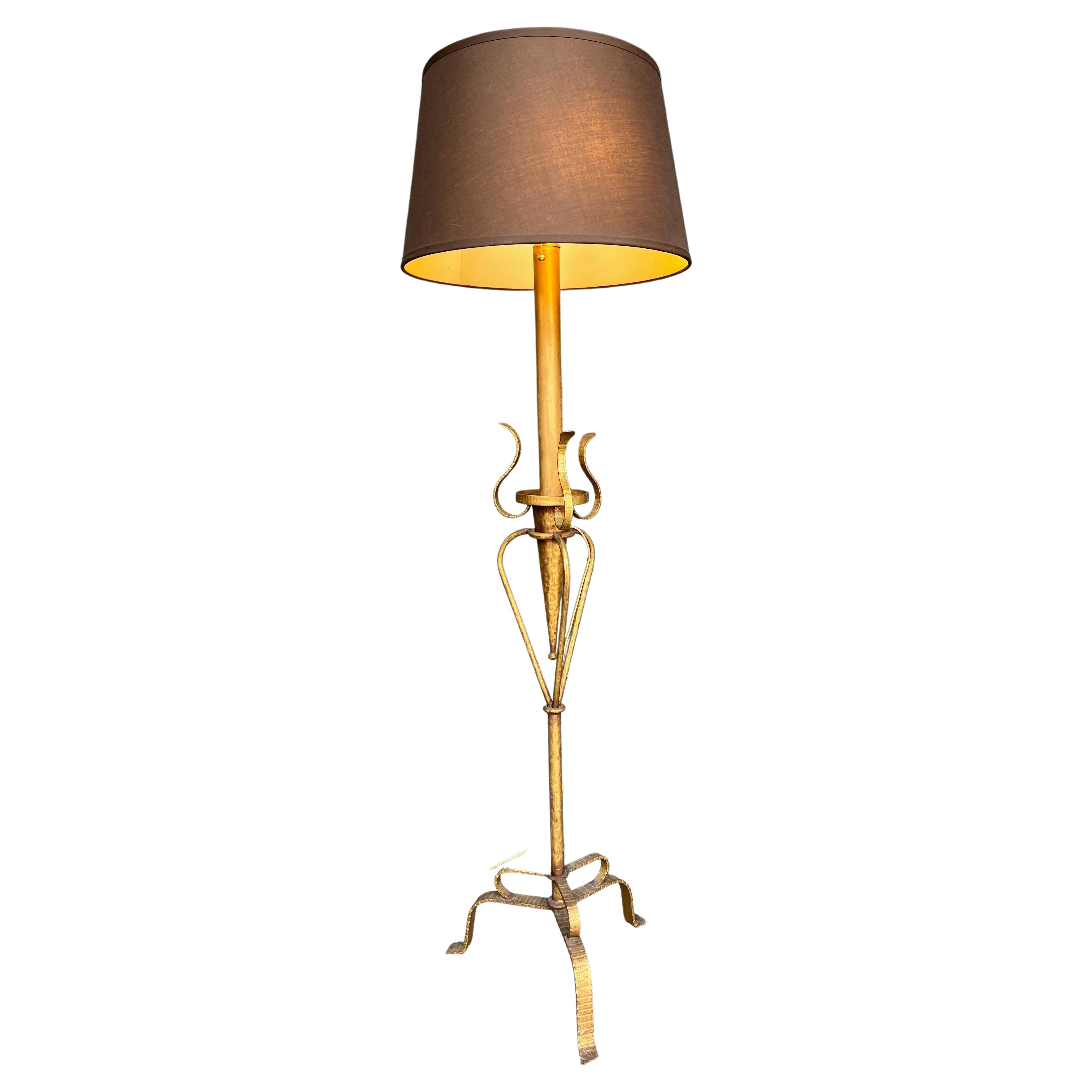 Spanish Gilt Iron Floor Lamp with Ornate Base For Sale