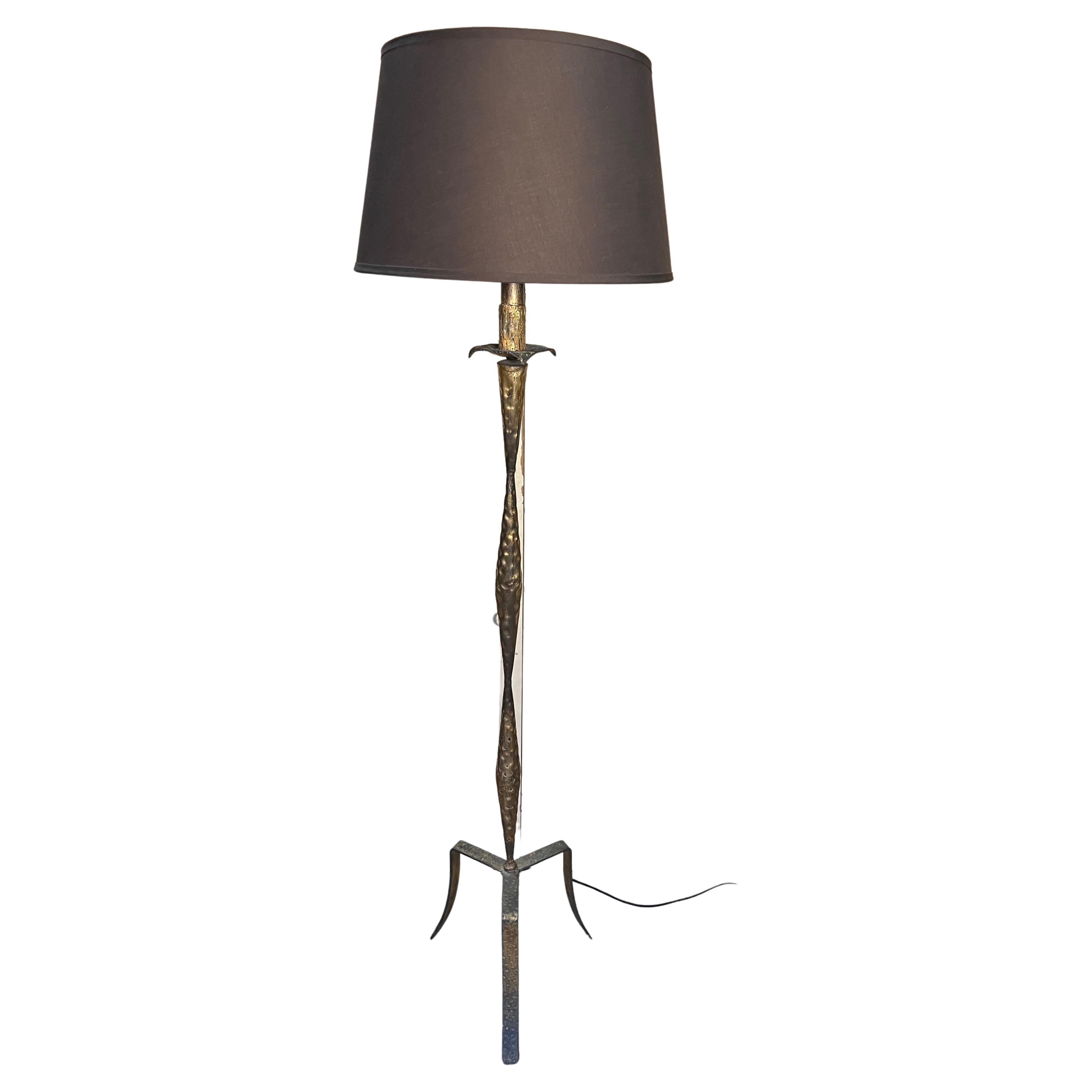 Spanish Gilt Iron Floor Lamp with Tripod Base For Sale