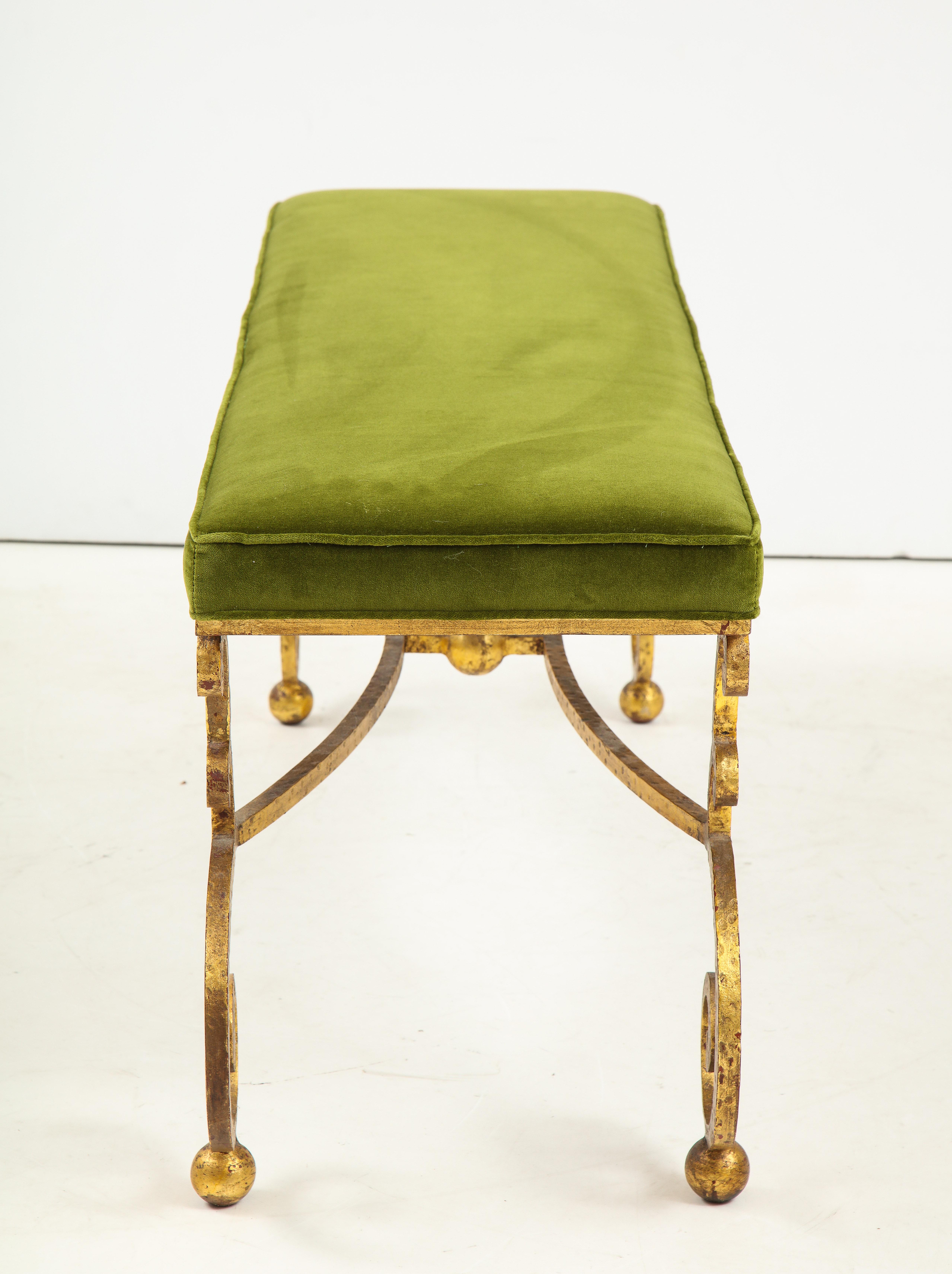 Spanish Gilt Iron Hammered Bench with Velvet Seat 5