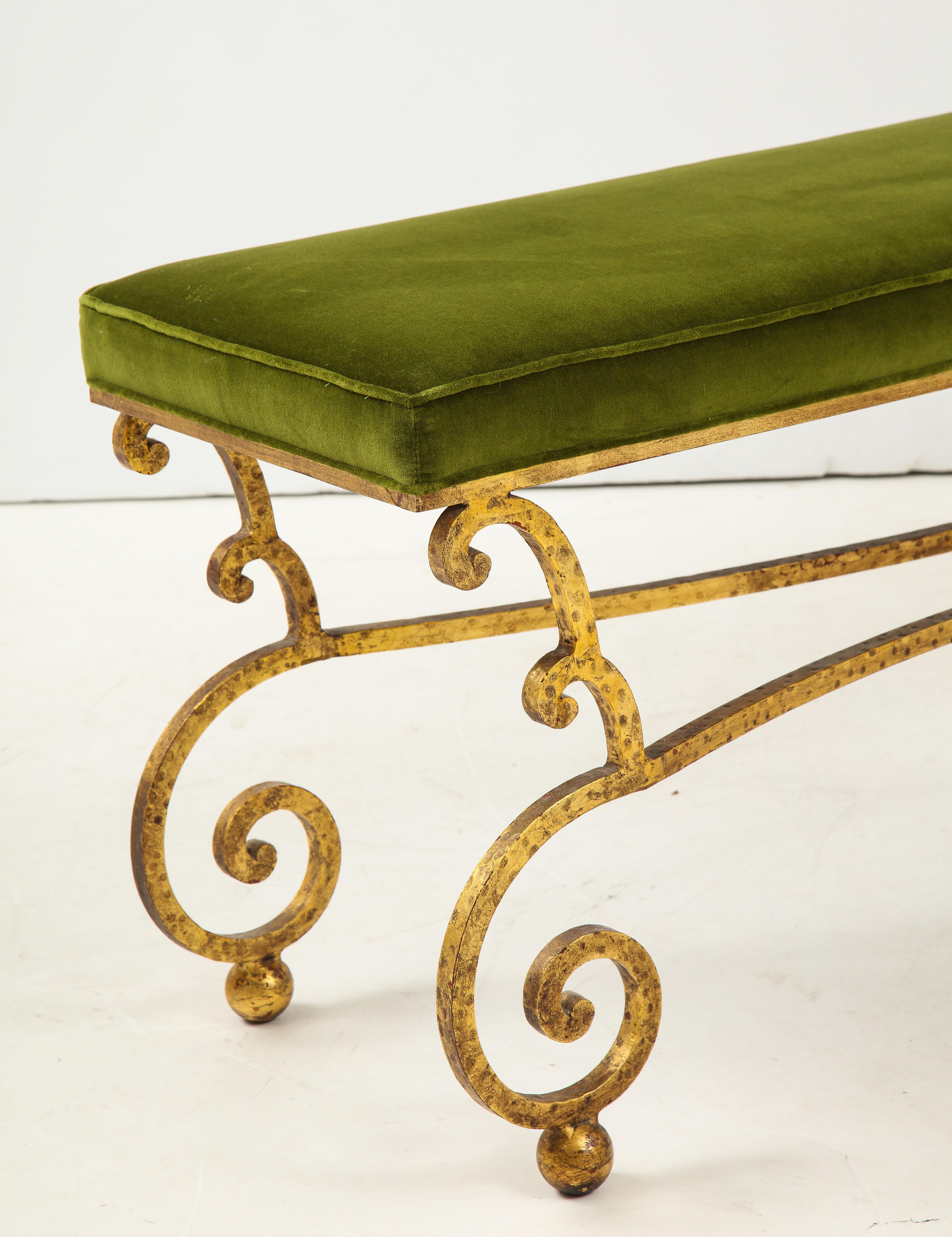 Spanish Gilt Iron Hammered Bench with Velvet Seat 7