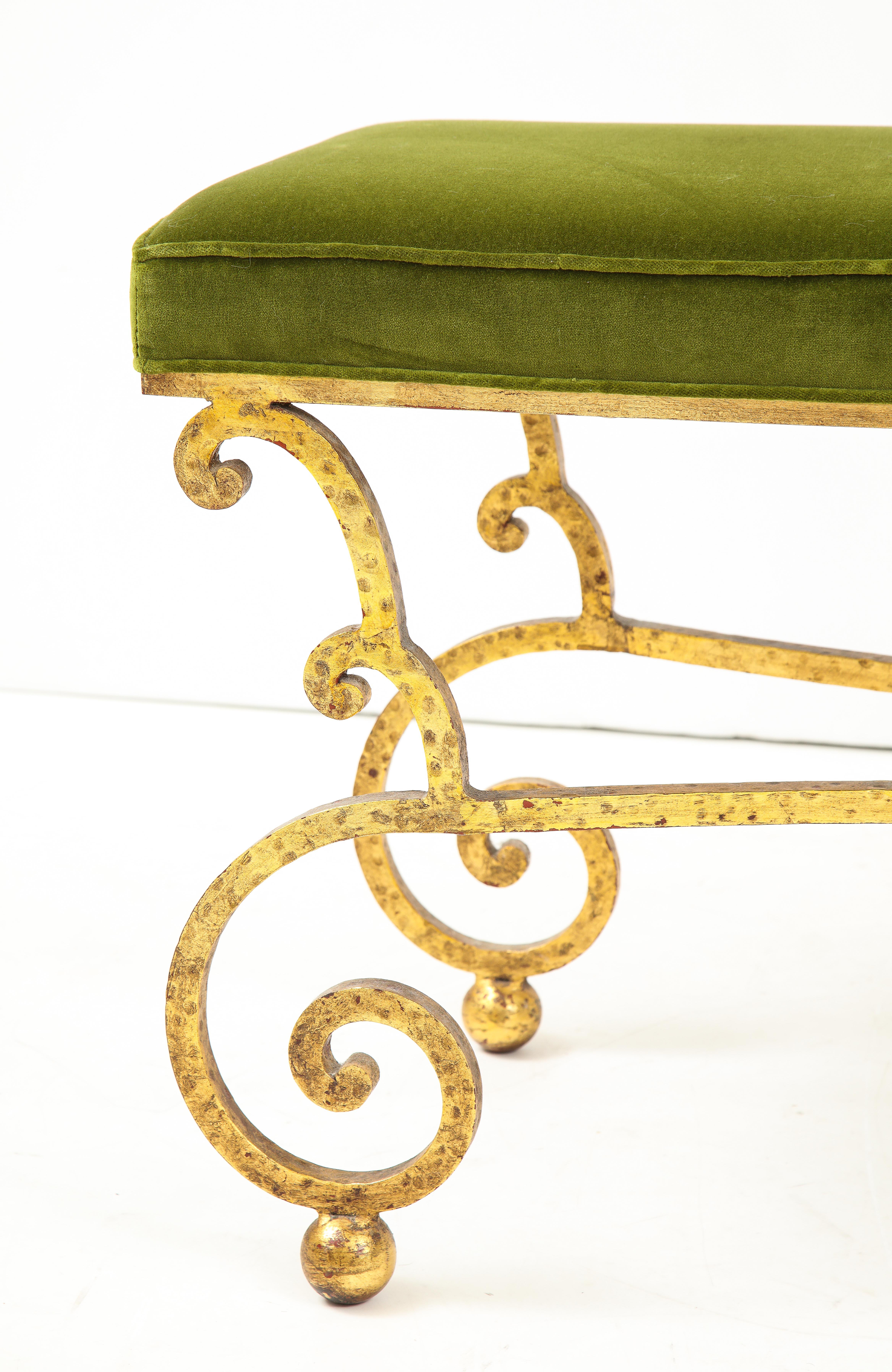 Spanish Gilt Iron Hammered Bench with Velvet Seat In Good Condition In New York, NY