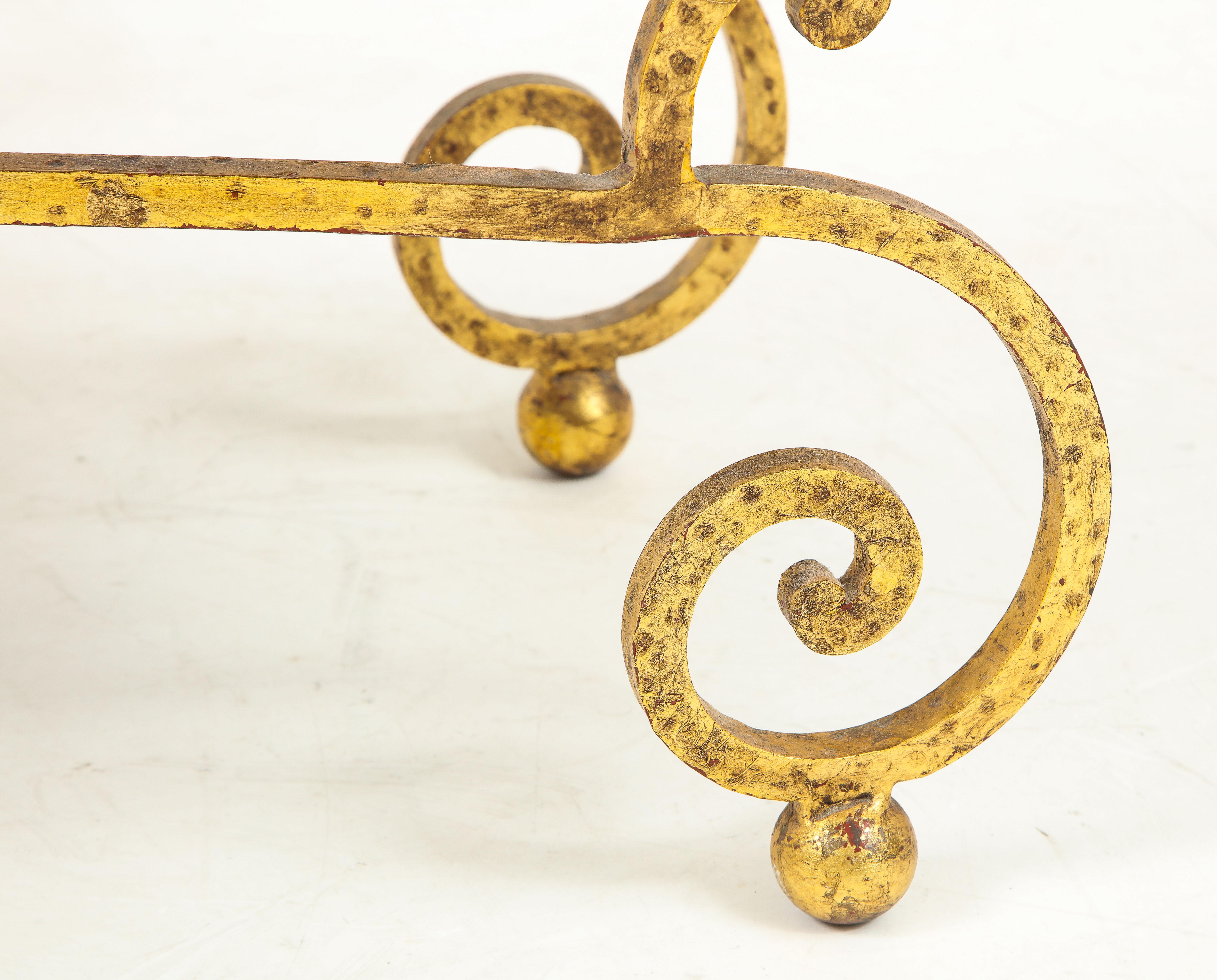 Spanish Gilt Iron Hammered Bench with Velvet Seat 1