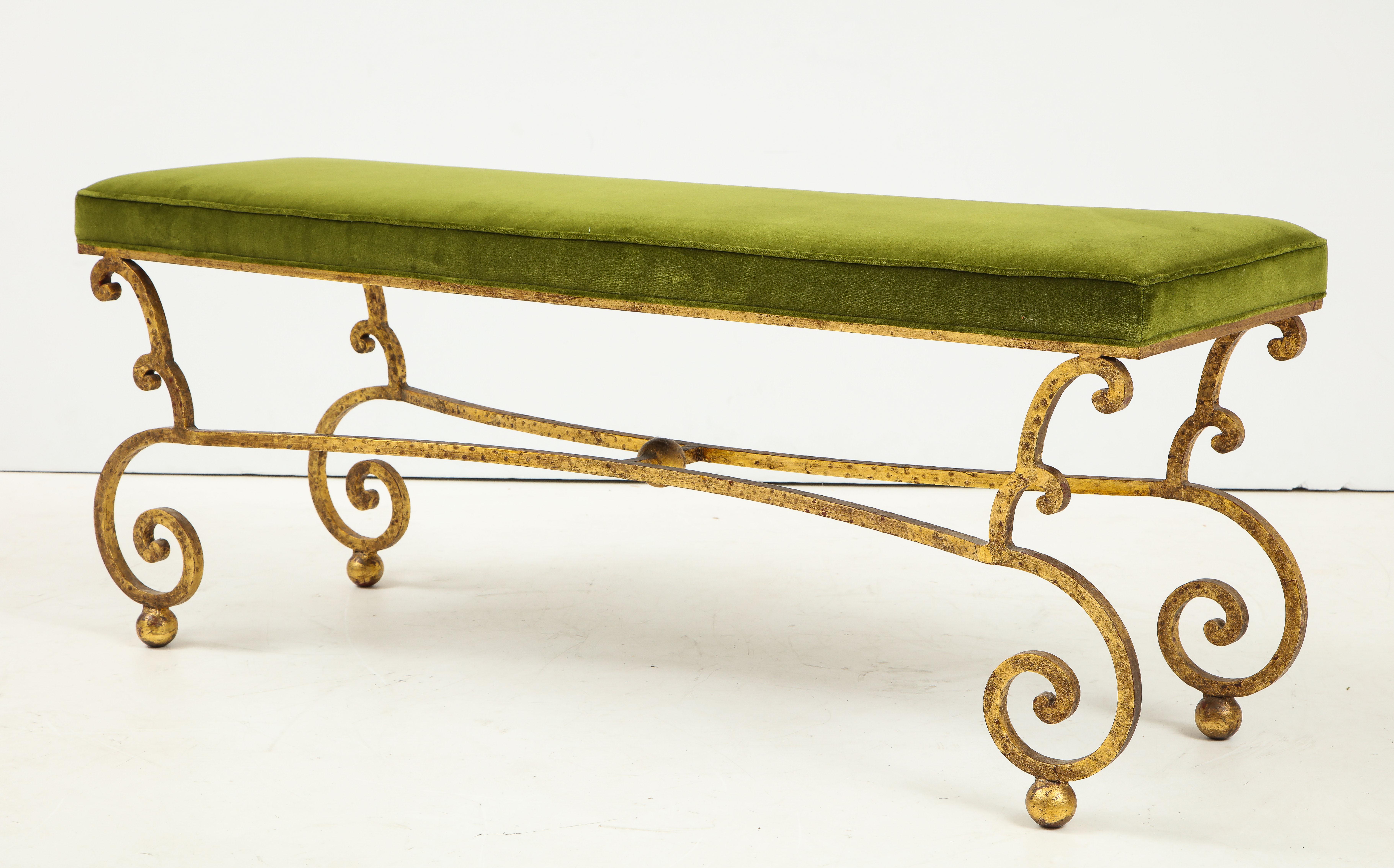 Spanish Gilt Iron Hammered Bench with Velvet Seat 4