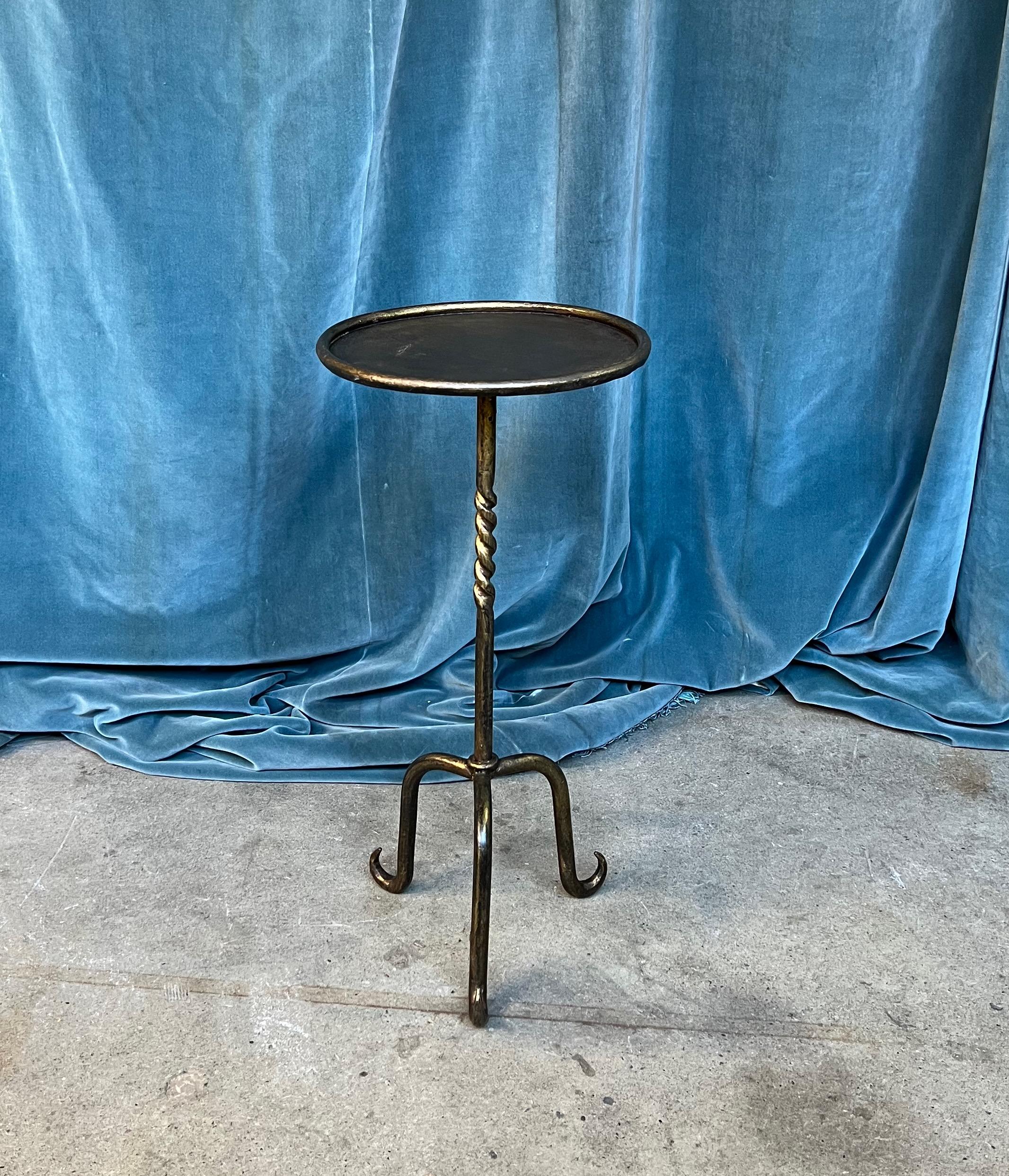 Mid-Century Modern Spanish Gilt Iron Martini Table with Scrolled Tripod Base For Sale
