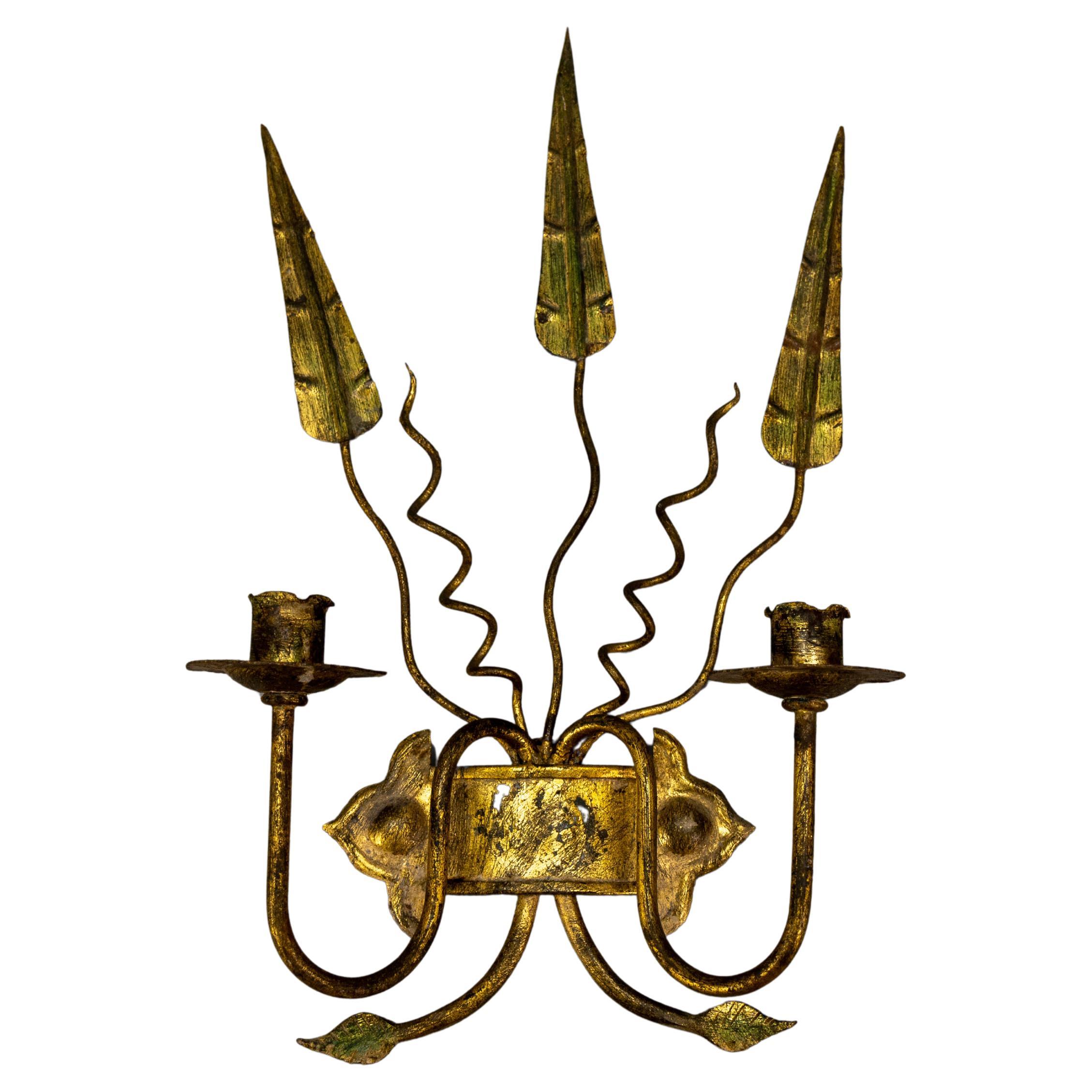 Spanish Gilt Iron Medieval Revival Style Two-Arm Candle Wall Sconce, ca. 1950s