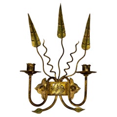 Spanish Gilt Iron Medieval Revival Style Two-Arm Candle Wall Sconce, ca. 1950s