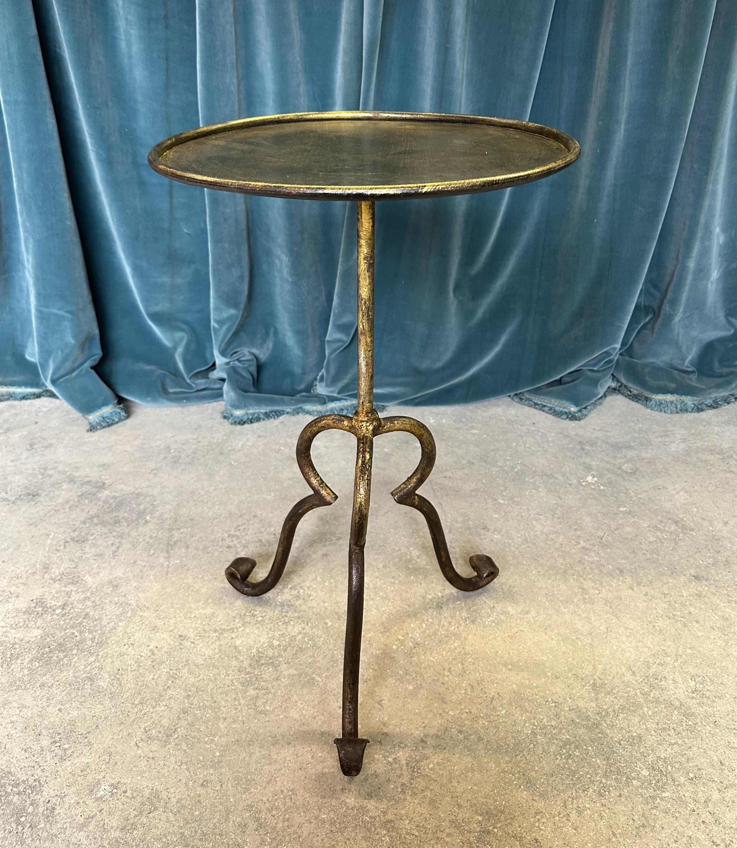Art Nouveau Spanish Gilt Iron Side Table on an Elevated Tripod Base  For Sale