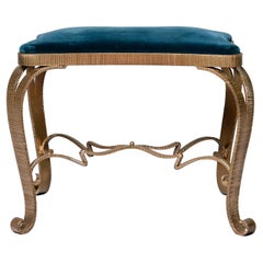 Spanish Gilt Iron Stool with Teal Upholstery
