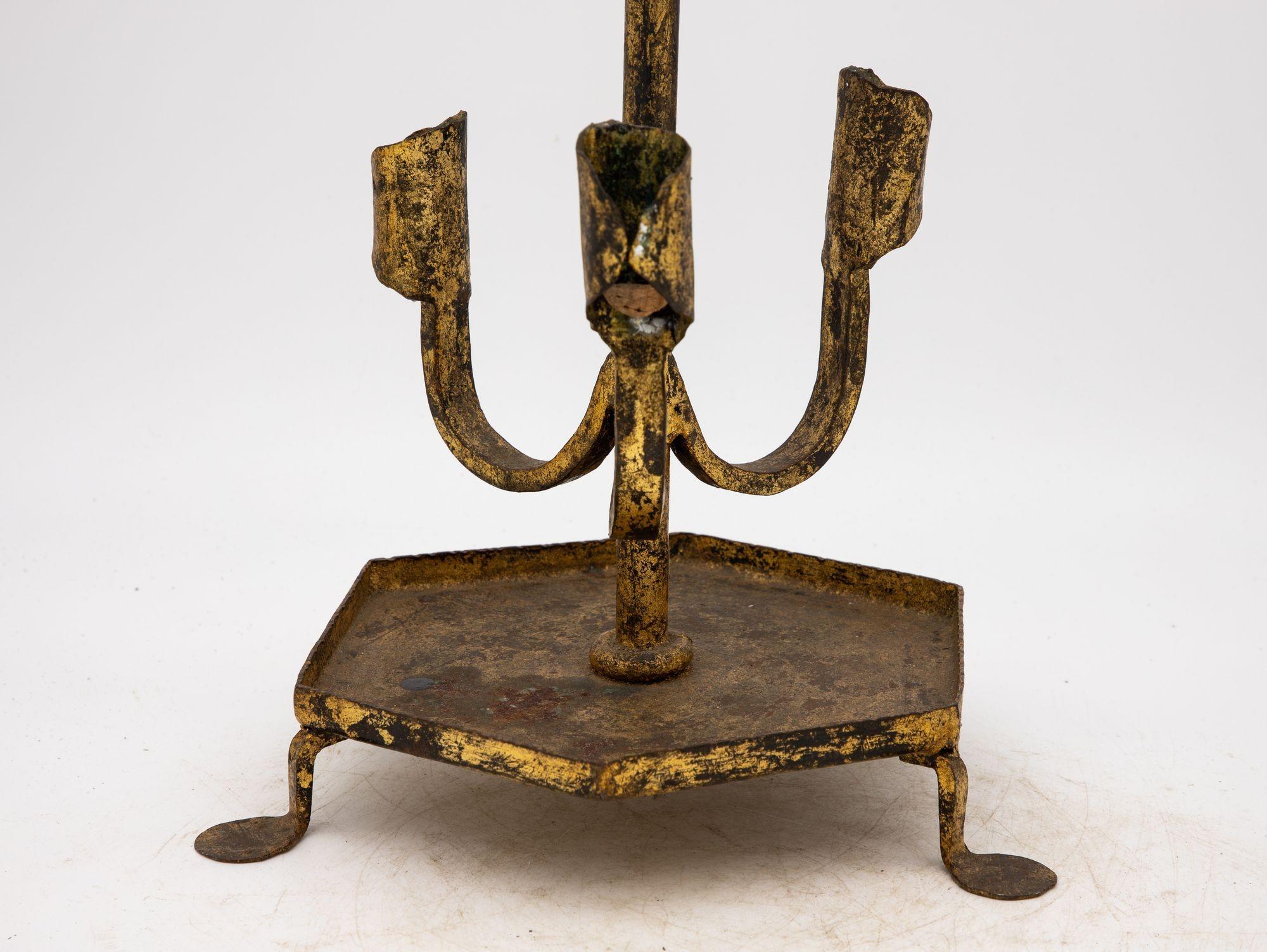 Mid-20th Century Spanish Gilt Iron Triple Candlestick or Stand, 1950s For Sale