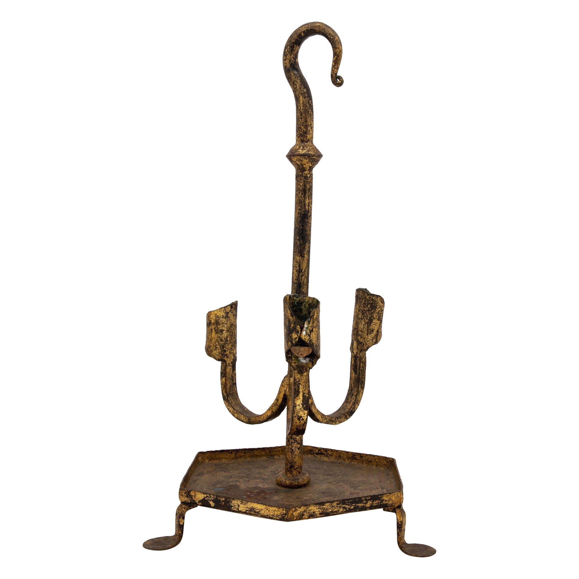 Candelero o soporte triple de hierro dorado español, años 50 en venta