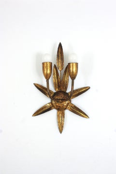 Spanish Gilt Iron Wall Sconce with Foliage Design and Starburst Backplate, 1950s