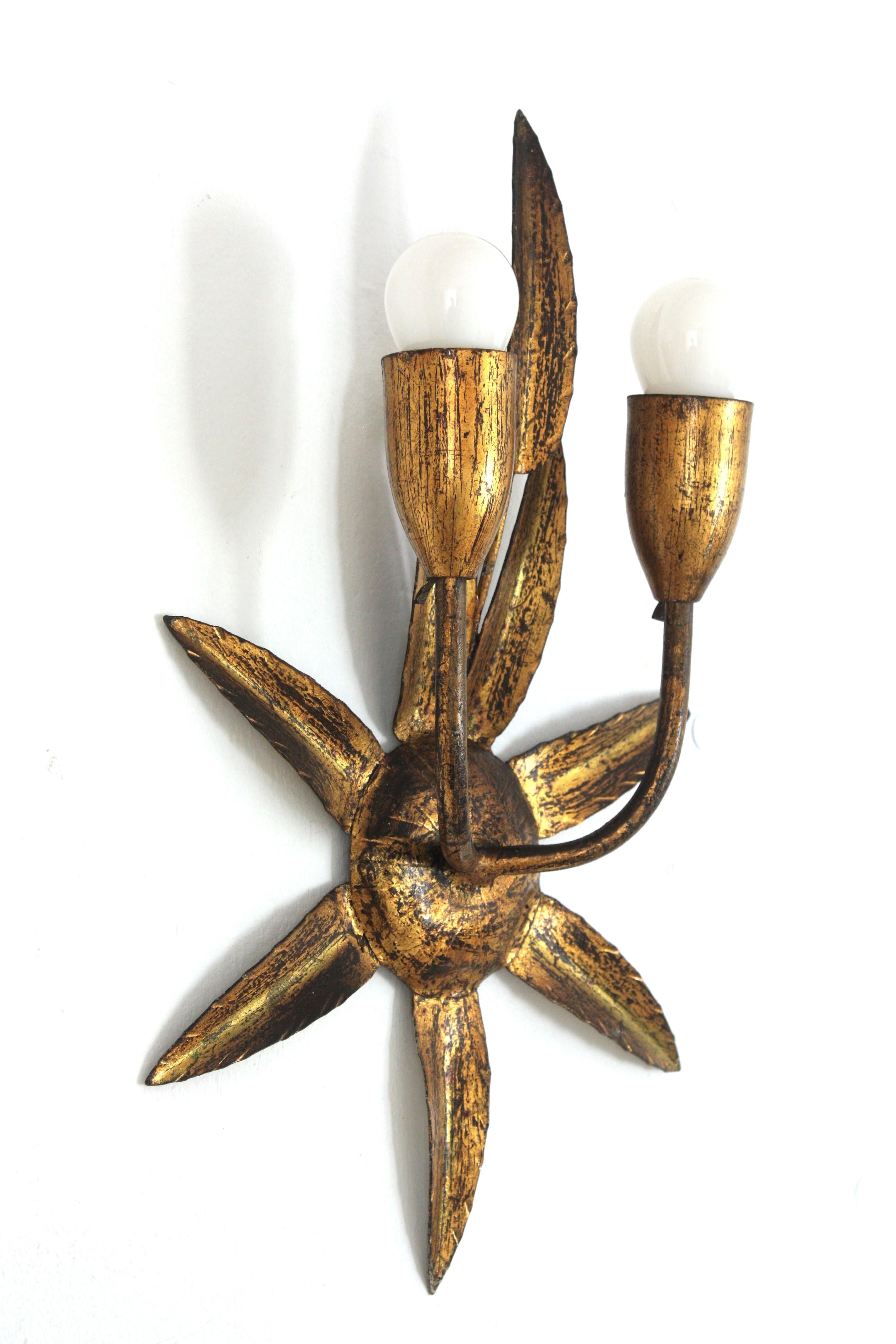 Metal Spanish Gilt Iron Wall Sconce with Foliage Design and Starburst Backplate, 1950s For Sale
