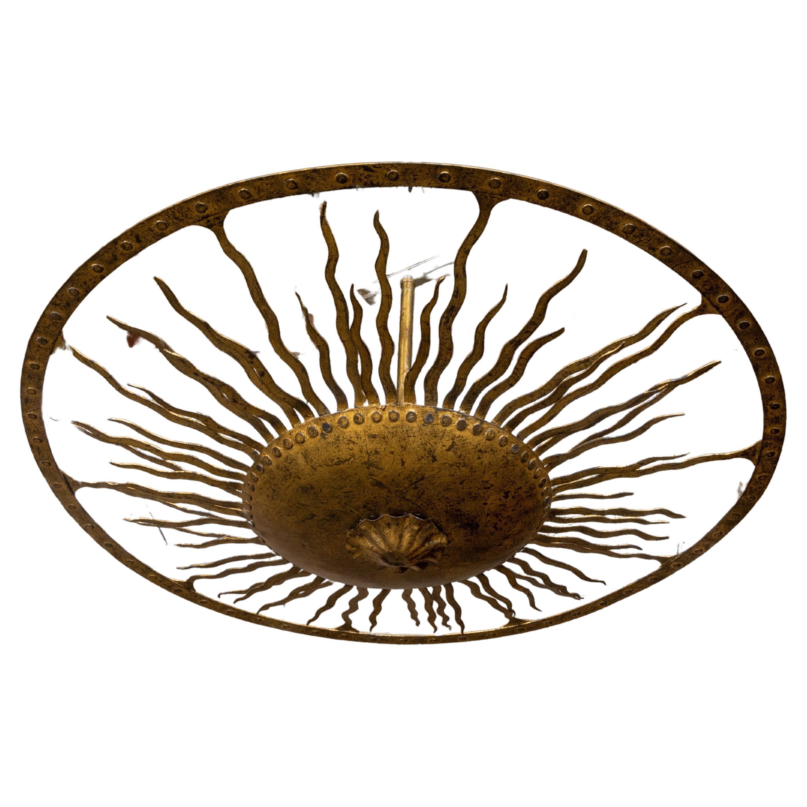 Spanish Gilt Metal 1960s Sunburst Flush Mount Light Fixture with Wavy Rays