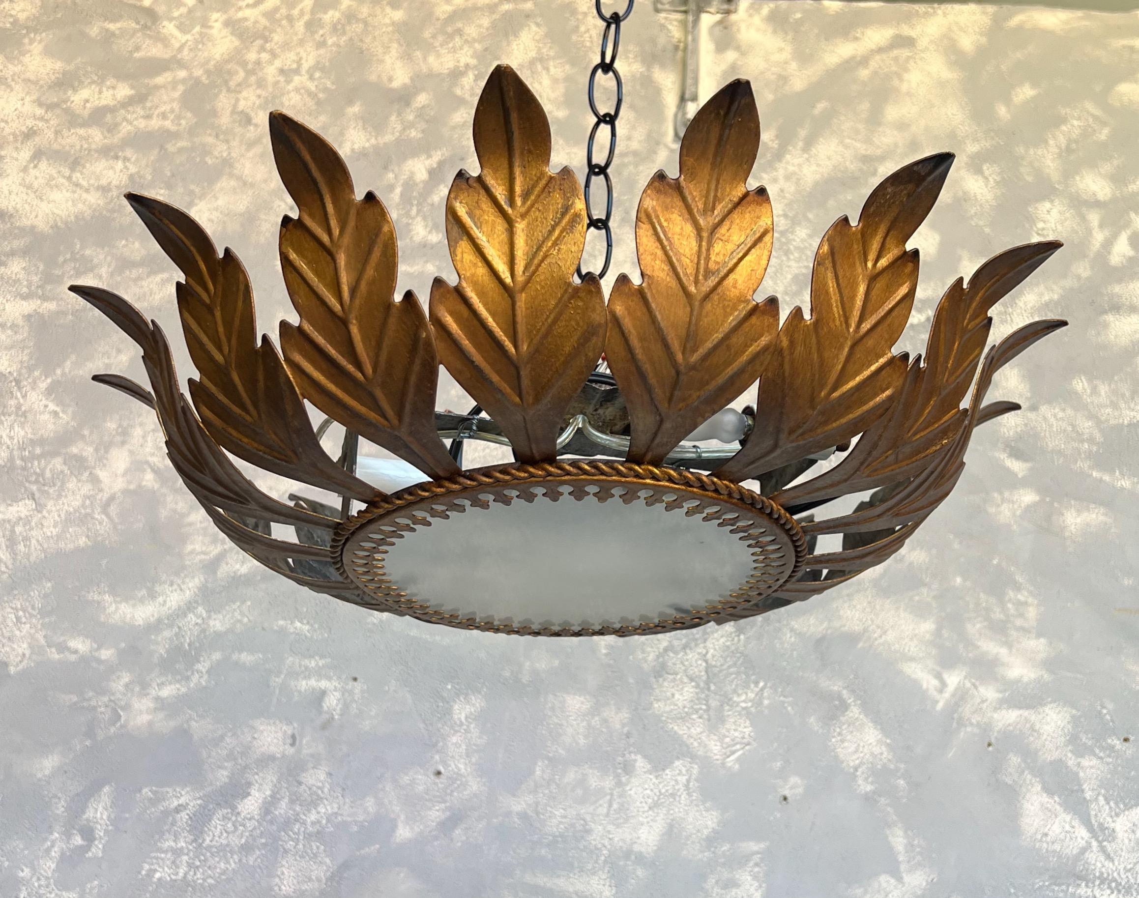 Mid-Century Modern Small Spanish Gilt Metal Ceiling Fixture With Braided Surround For Sale