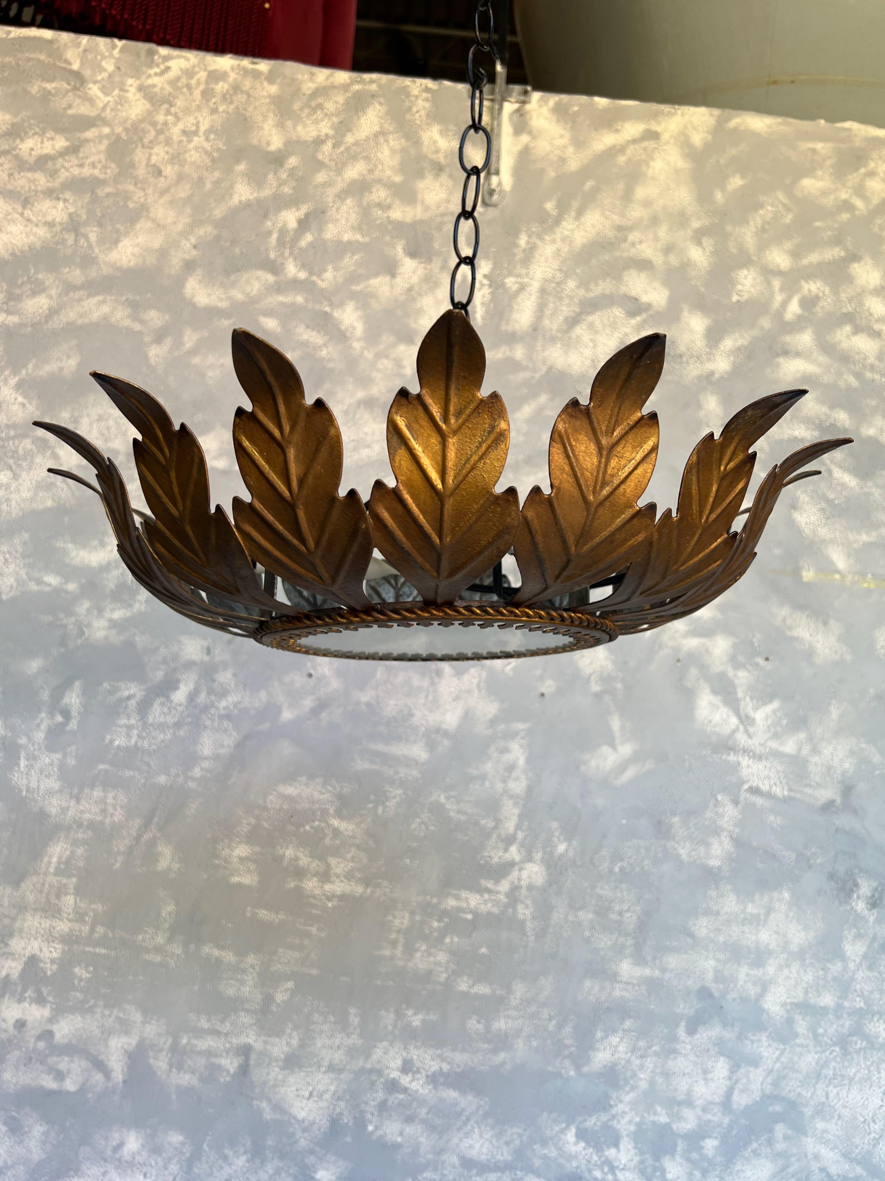 Small Spanish Gilt Metal Ceiling Fixture With Braided Surround In Good Condition For Sale In Buchanan, NY