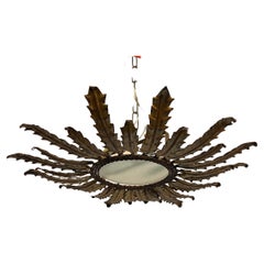 Spanish Gilt Metal Ceiling Fixture with Decorative Leaf Pattern