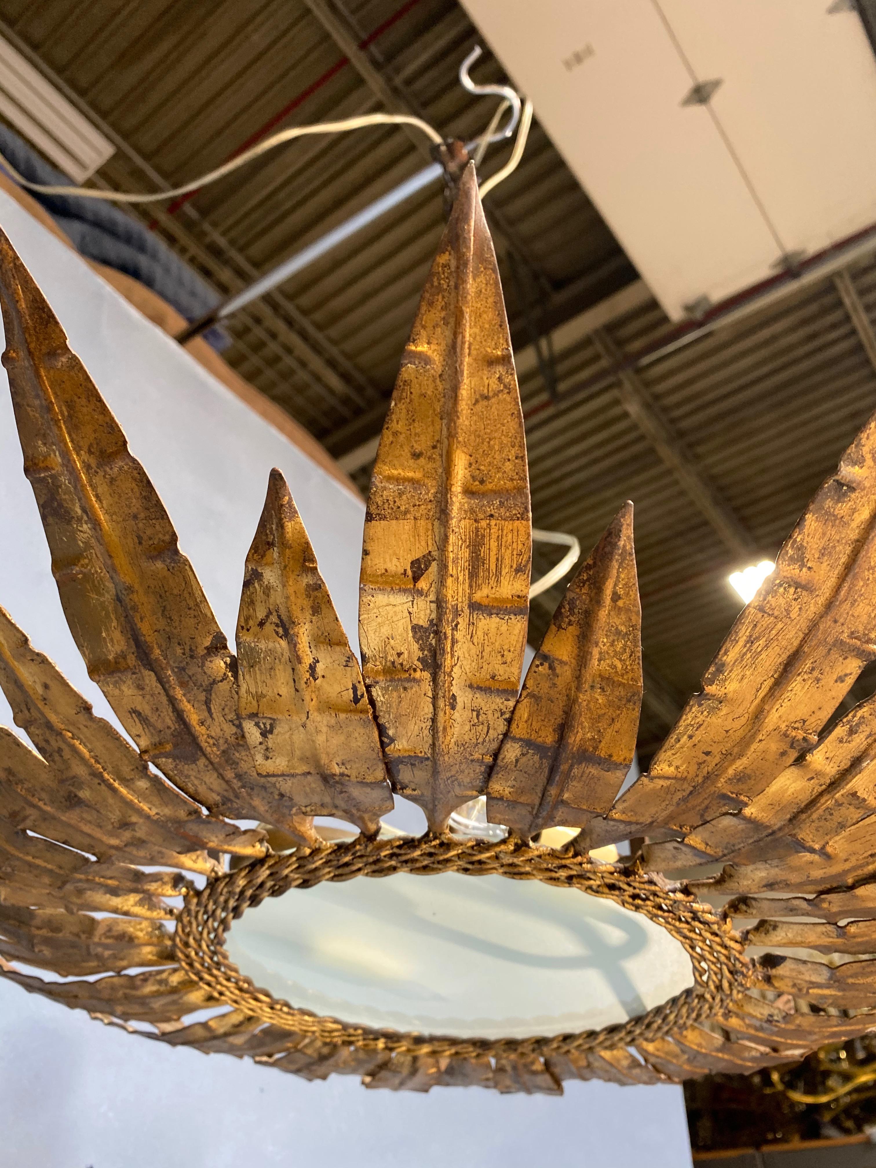Spanish Gilt Metal Ceiling Fixture with Double Feather Design For Sale 6