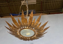 Spanish Gilt Metal Ceiling Fixture with Double Feather Design