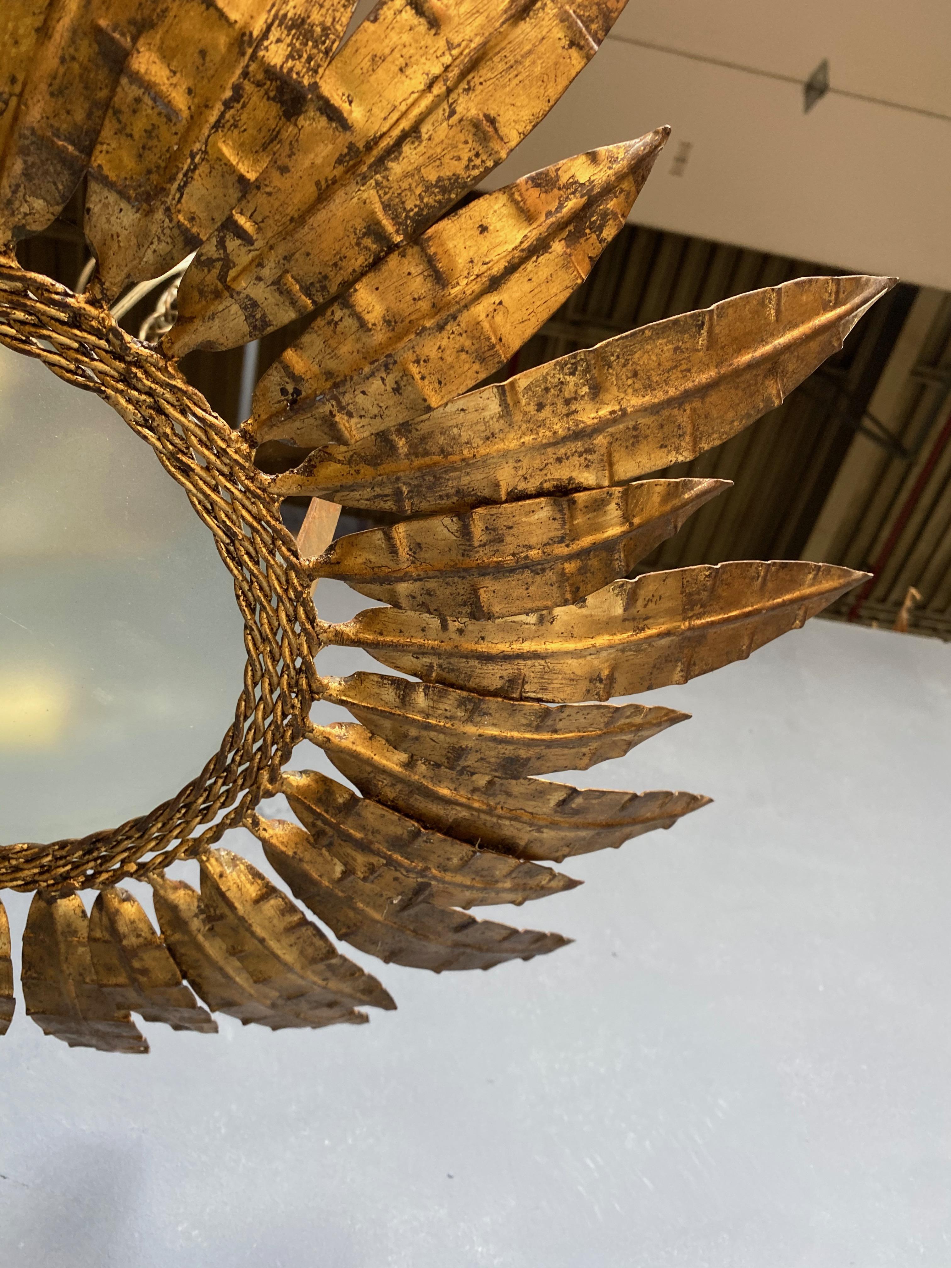Mid-20th Century Spanish Gilt Metal Ceiling Fixture with Double Feather Design For Sale