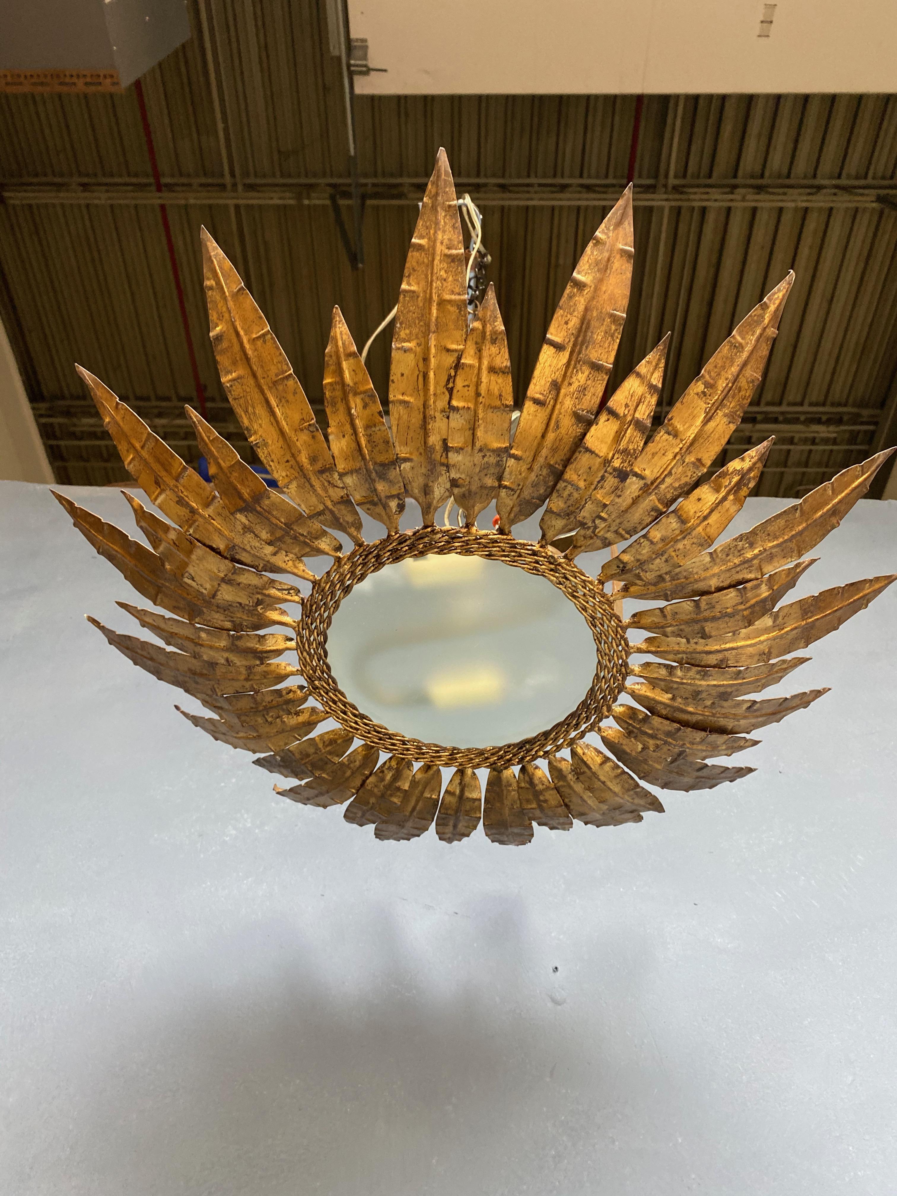 Spanish Gilt Metal Ceiling Fixture with Double Feather Design For Sale 2