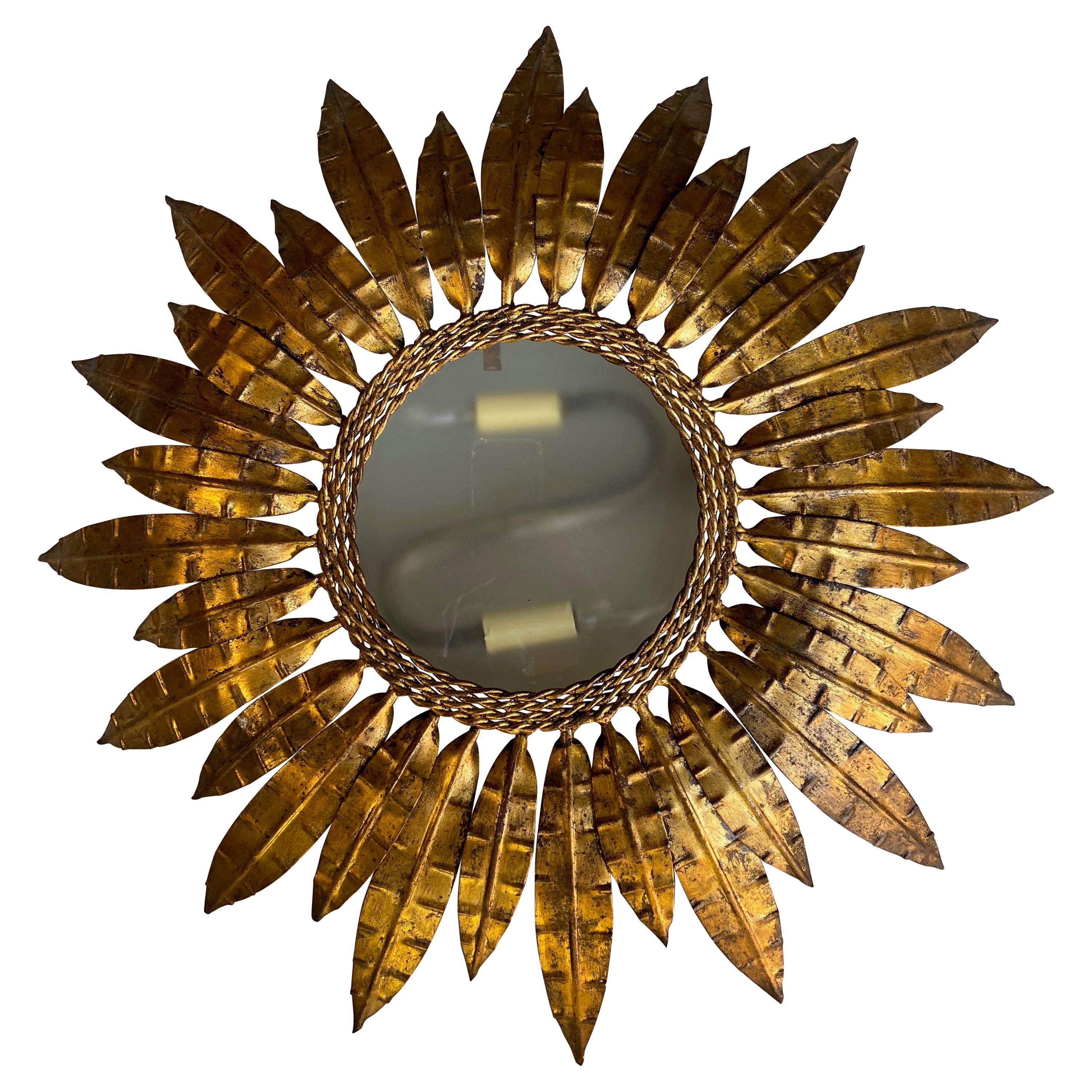 Spanish Gilt Metal Ceiling Fixture with Double Feather Design