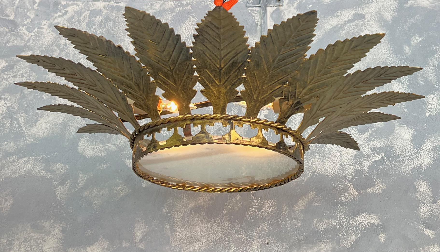 Spanish Gilt Metal Ceiling Fixture with Feathered Leaves For Sale 6