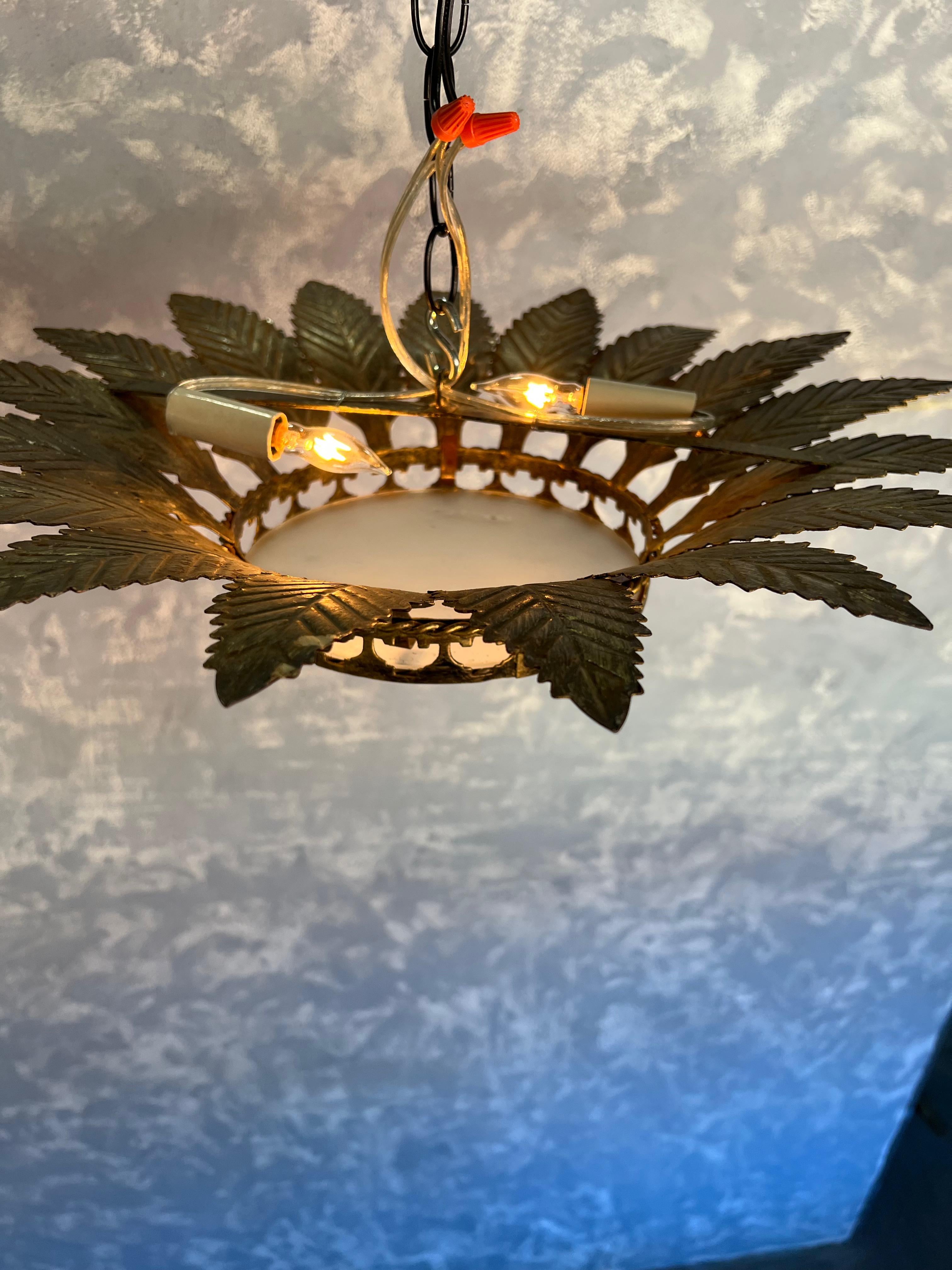Spanish Gilt Metal Ceiling Fixture with Feathered Leaves For Sale 7