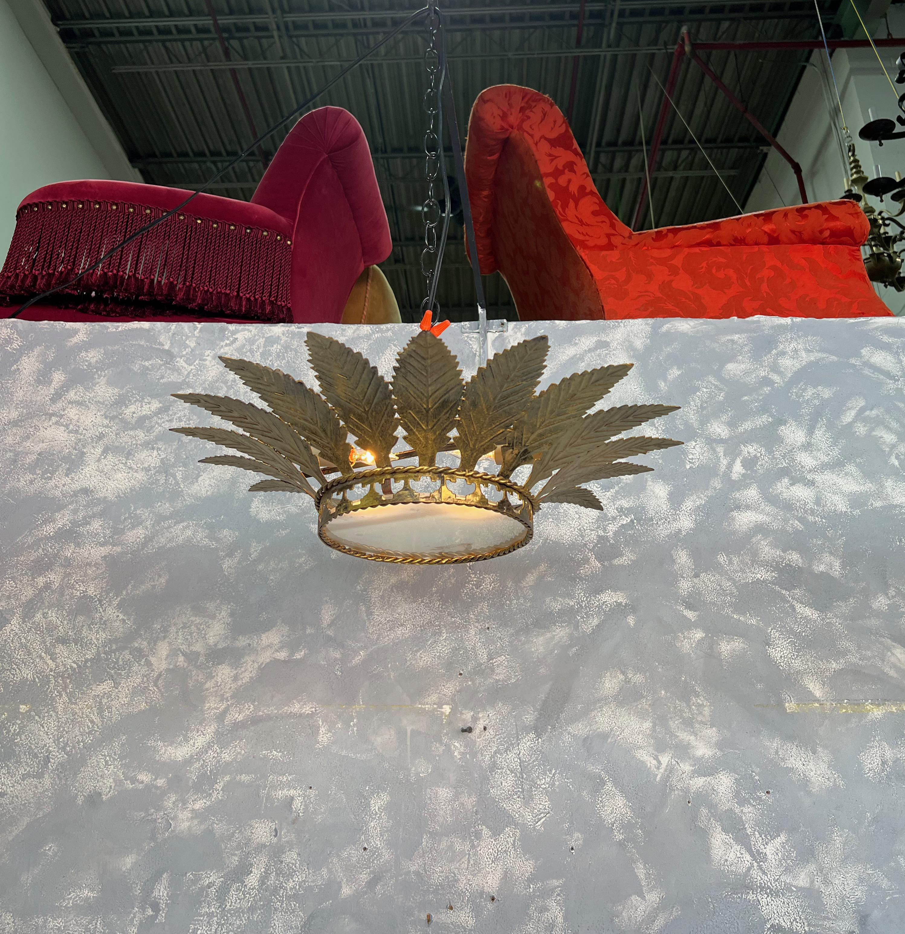 Spanish Gilt Metal Ceiling Fixture with Feathered Leaves In Good Condition For Sale In Buchanan, NY