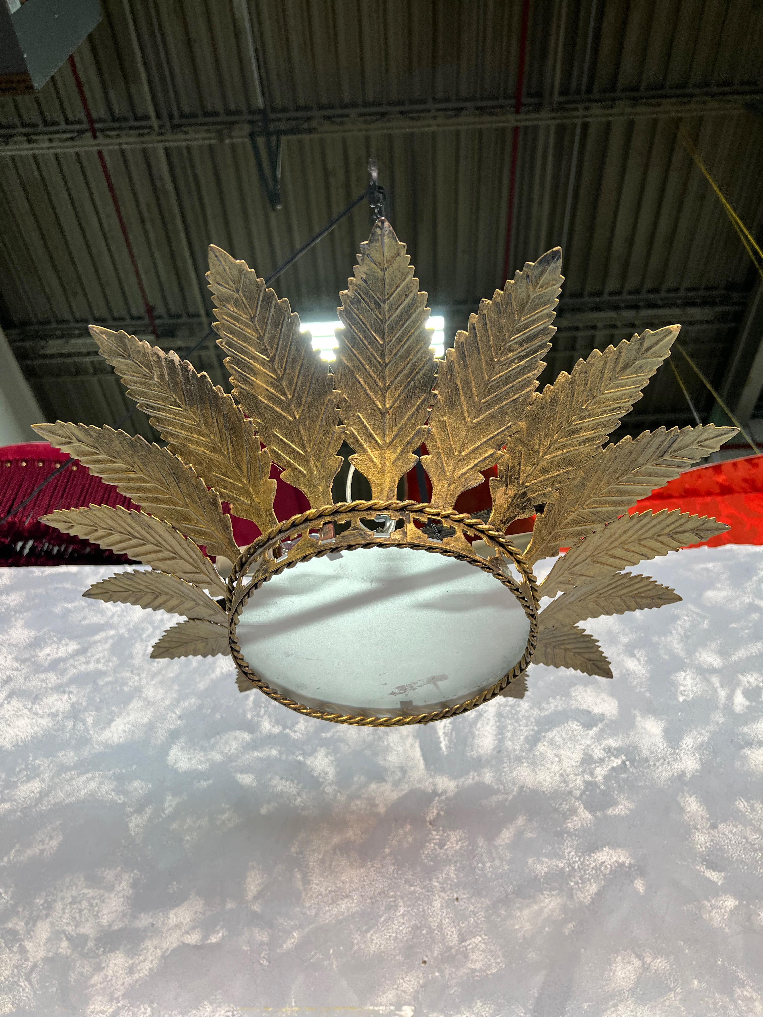 Spanish Gilt Metal Ceiling Fixture with Feathered Leaves For Sale 2
