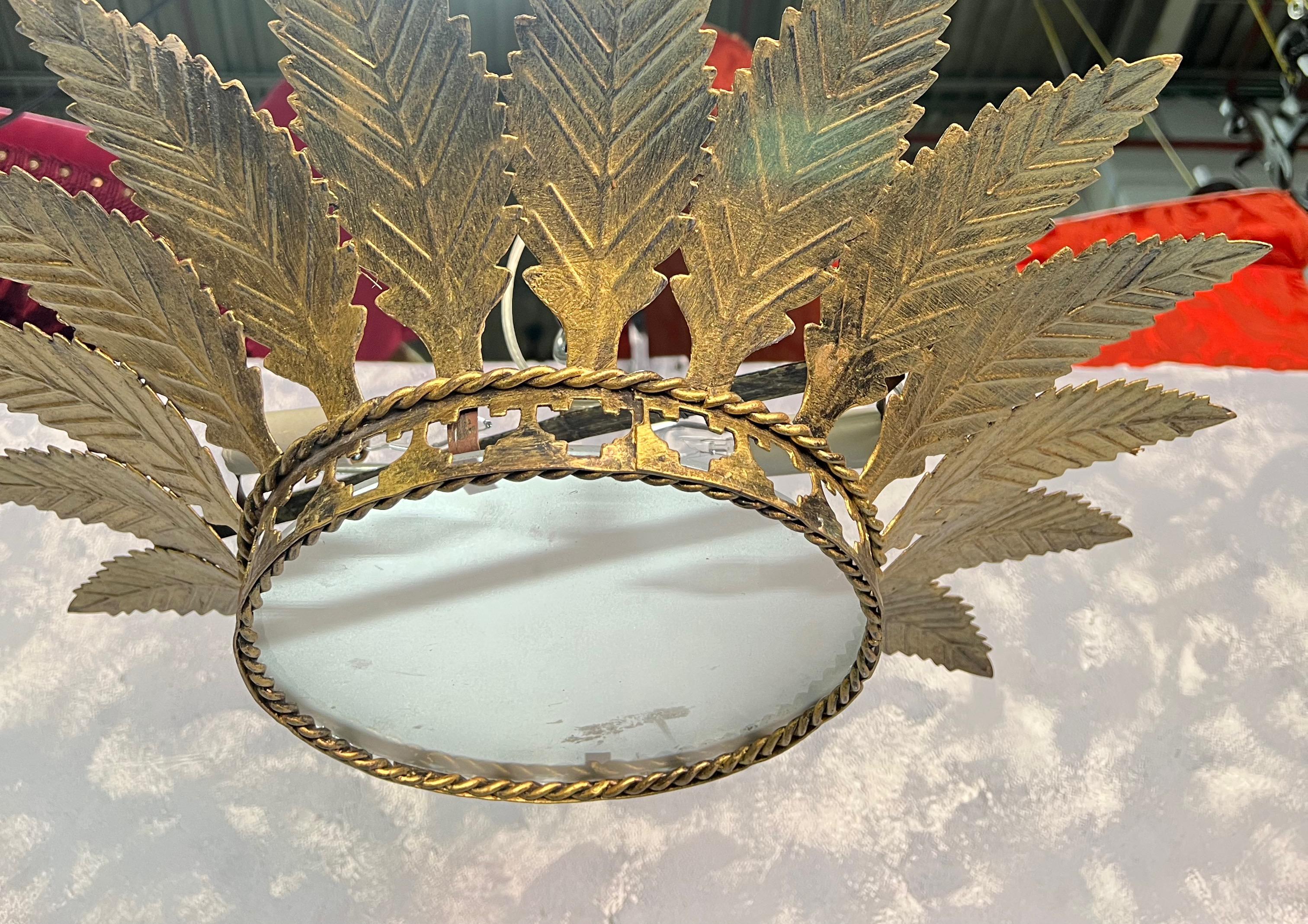 Spanish Gilt Metal Ceiling Fixture with Feathered Leaves For Sale 4