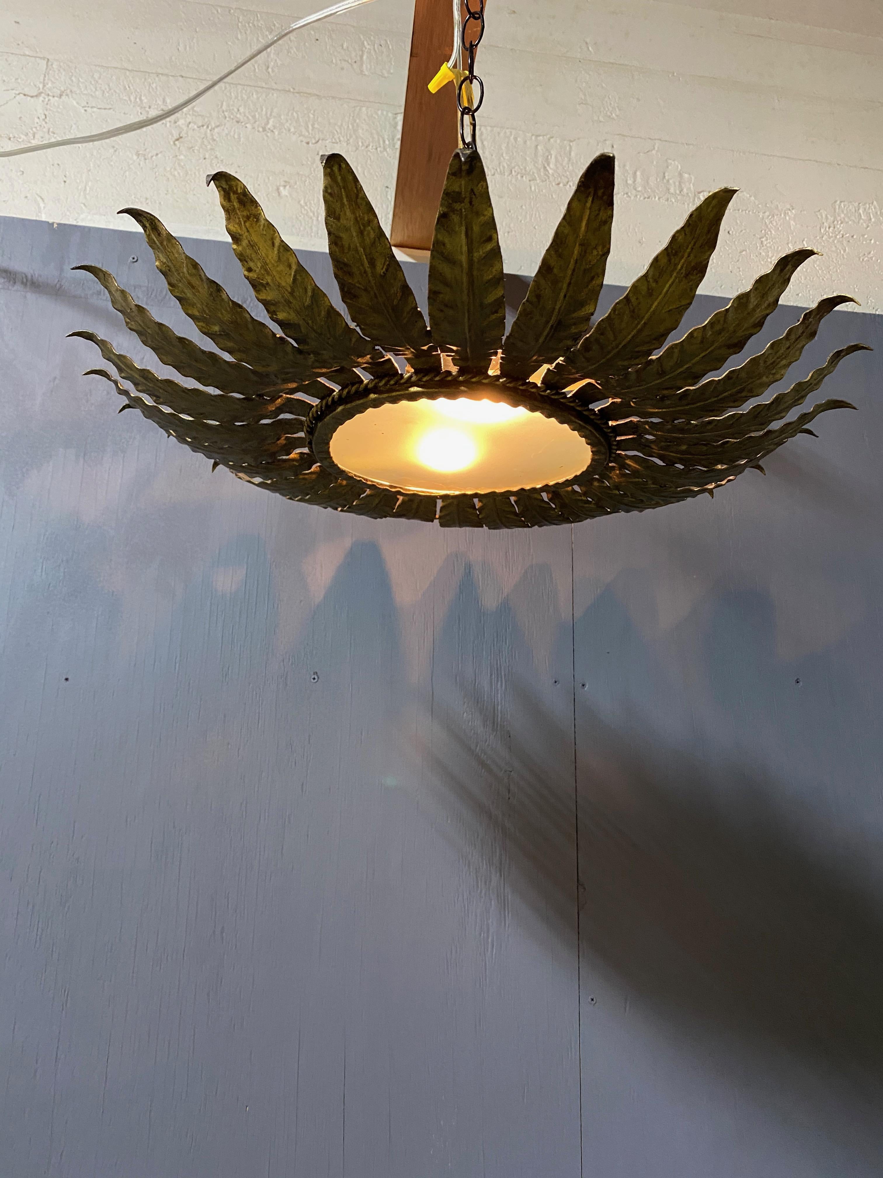 Spanish Gilt Metal Ceiling Fixture with Radiating Leaves In Good Condition In Buchanan, NY