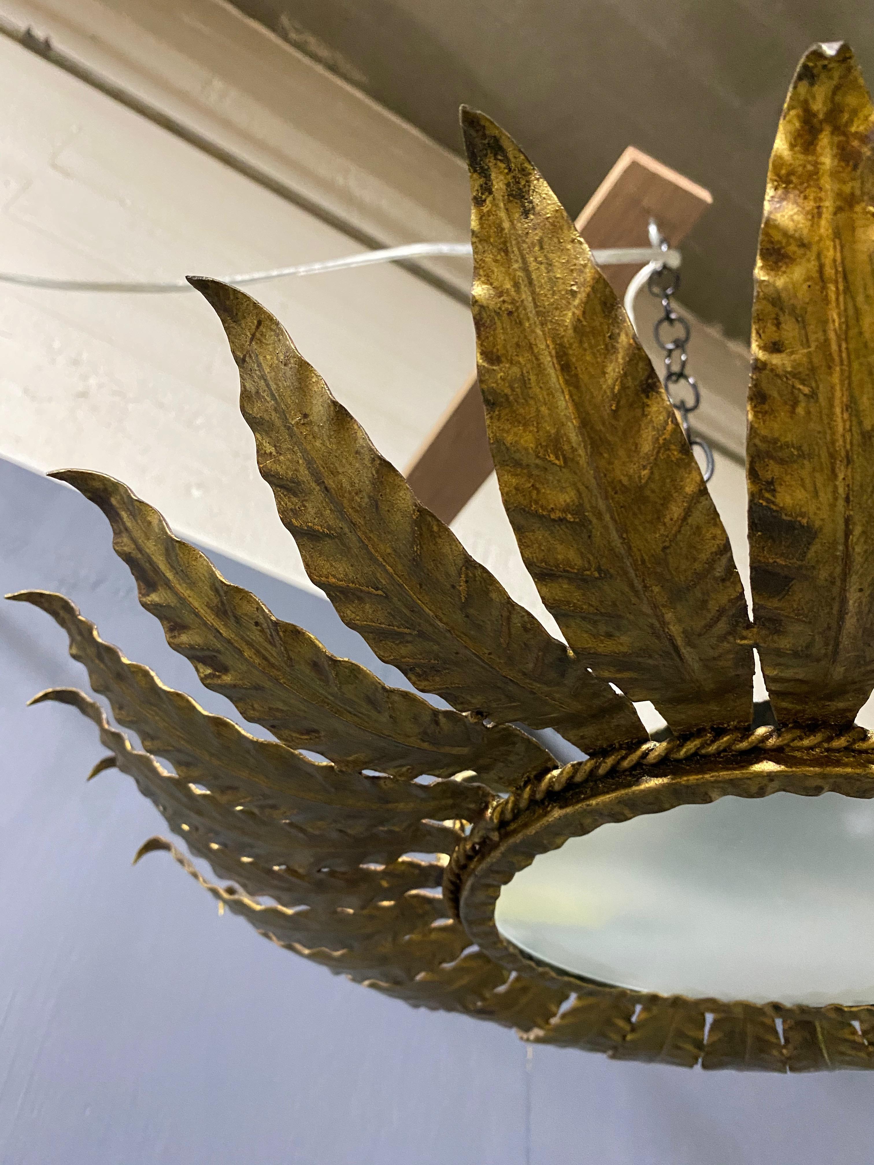 Mid-20th Century Spanish Gilt Metal Ceiling Fixture with Radiating Leaves