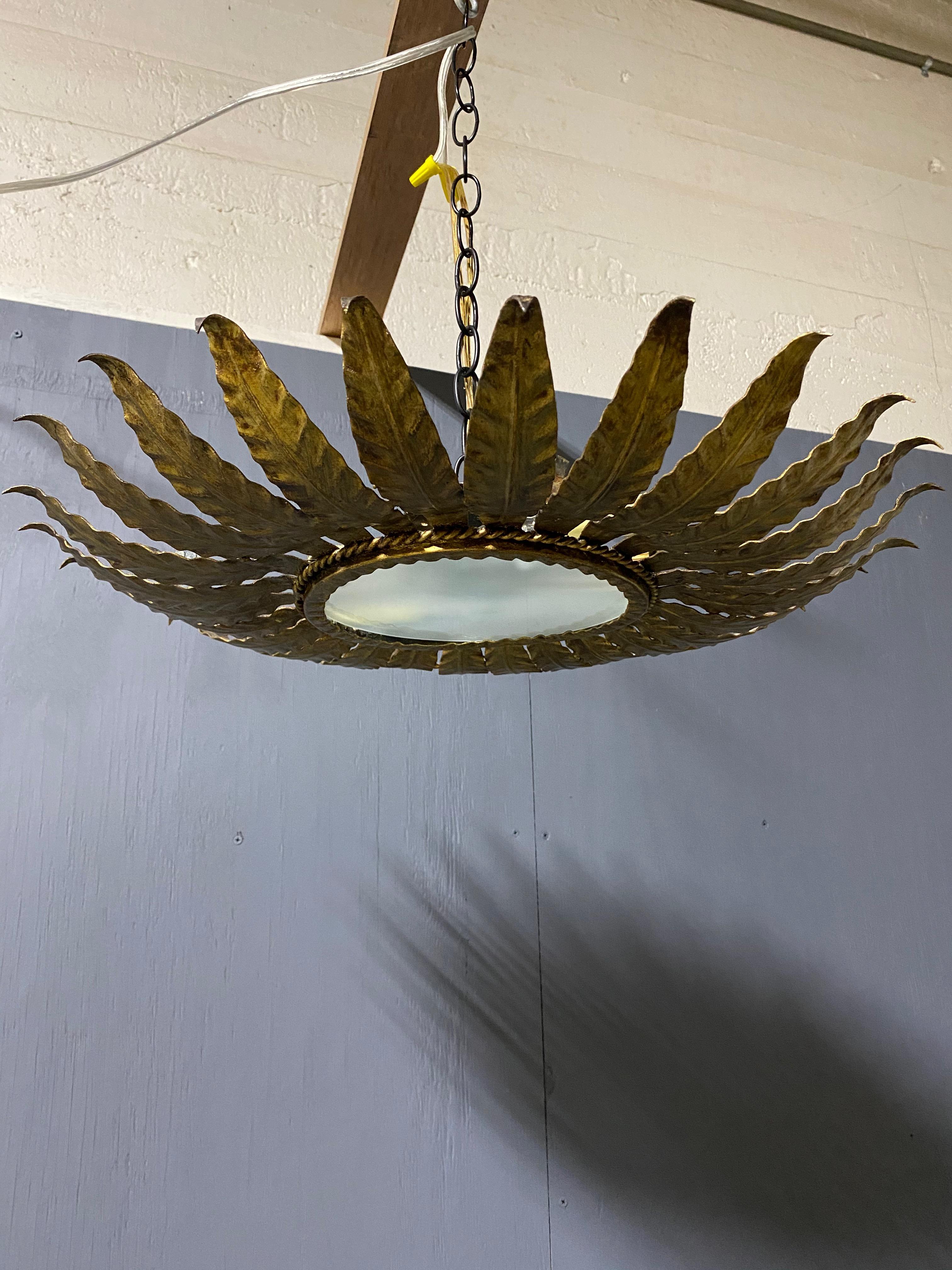 Spanish Gilt Metal Ceiling Fixture with Radiating Leaves 1