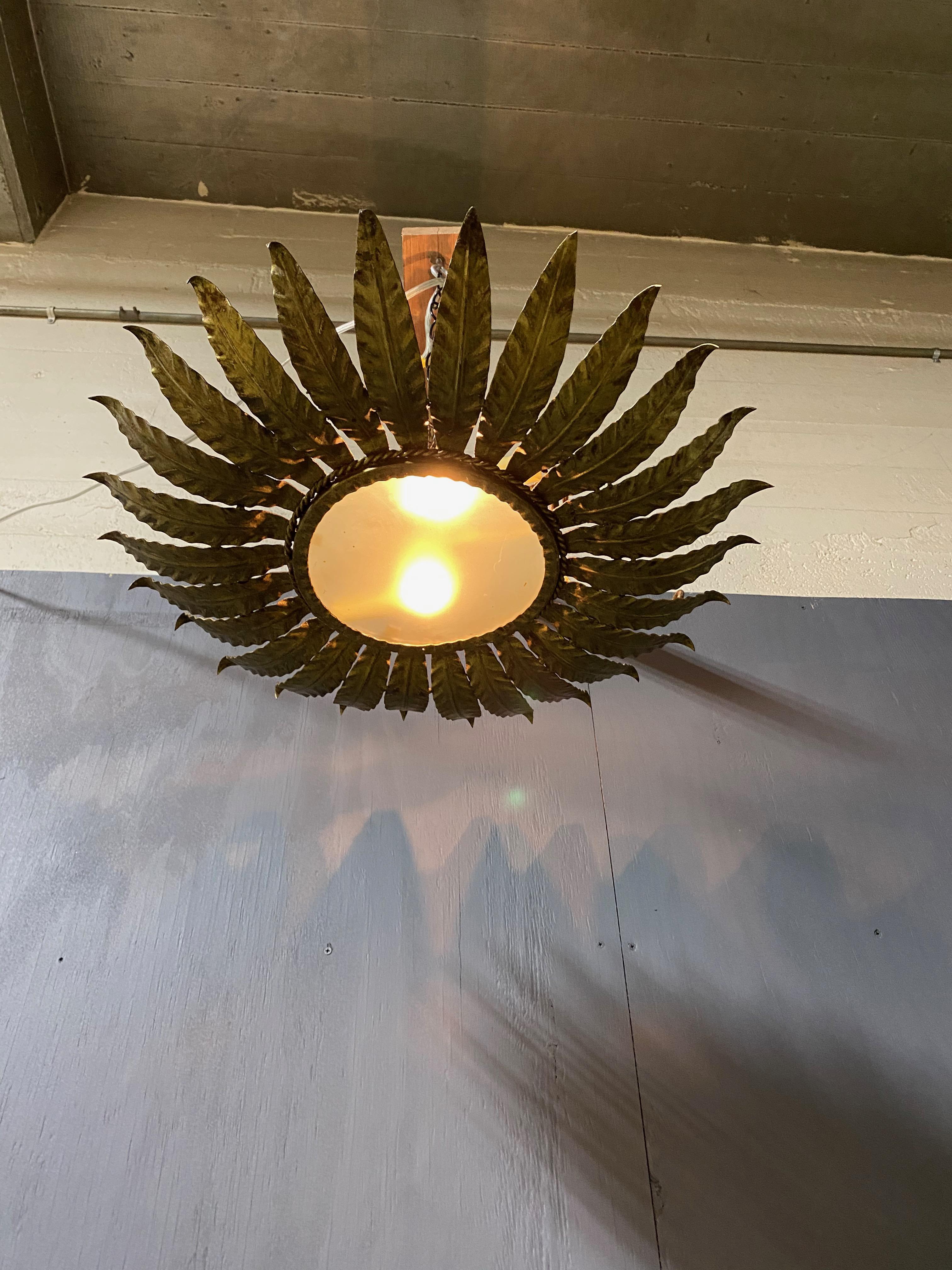 Spanish Gilt Metal Ceiling Fixture with Radiating Leaves 2