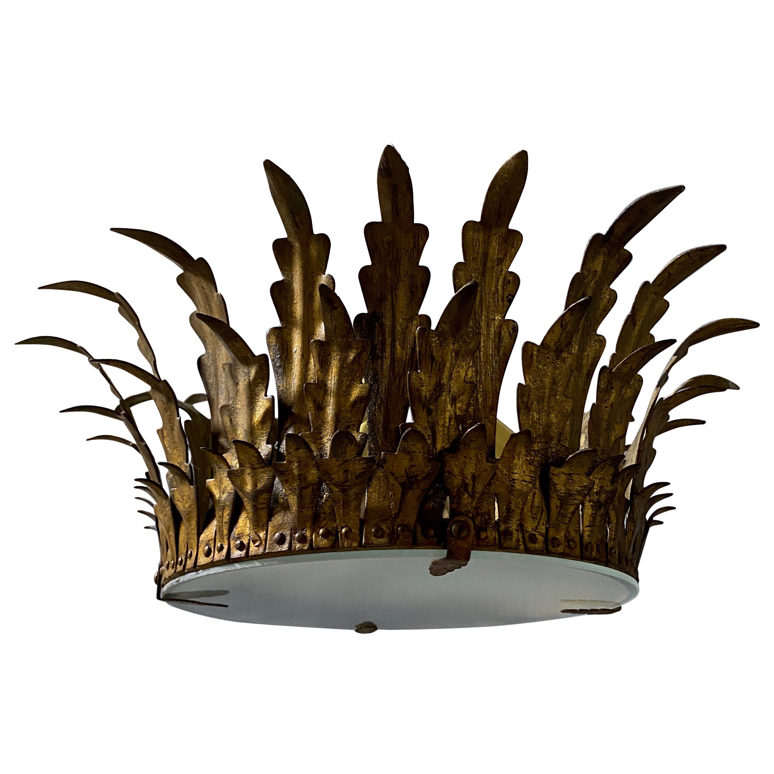 MidCentury Spanish Sunburst Gilt Crown Ceiling Fixture at 1stDibs