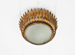 Sunburst Crown Flush Mount in Gilt Metal with Leafed Frame and Frosted Glass
