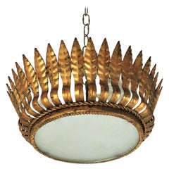 Sunburst Crown Flush Mount in Gilt Metal with Leafed Frame and Frosted Glass