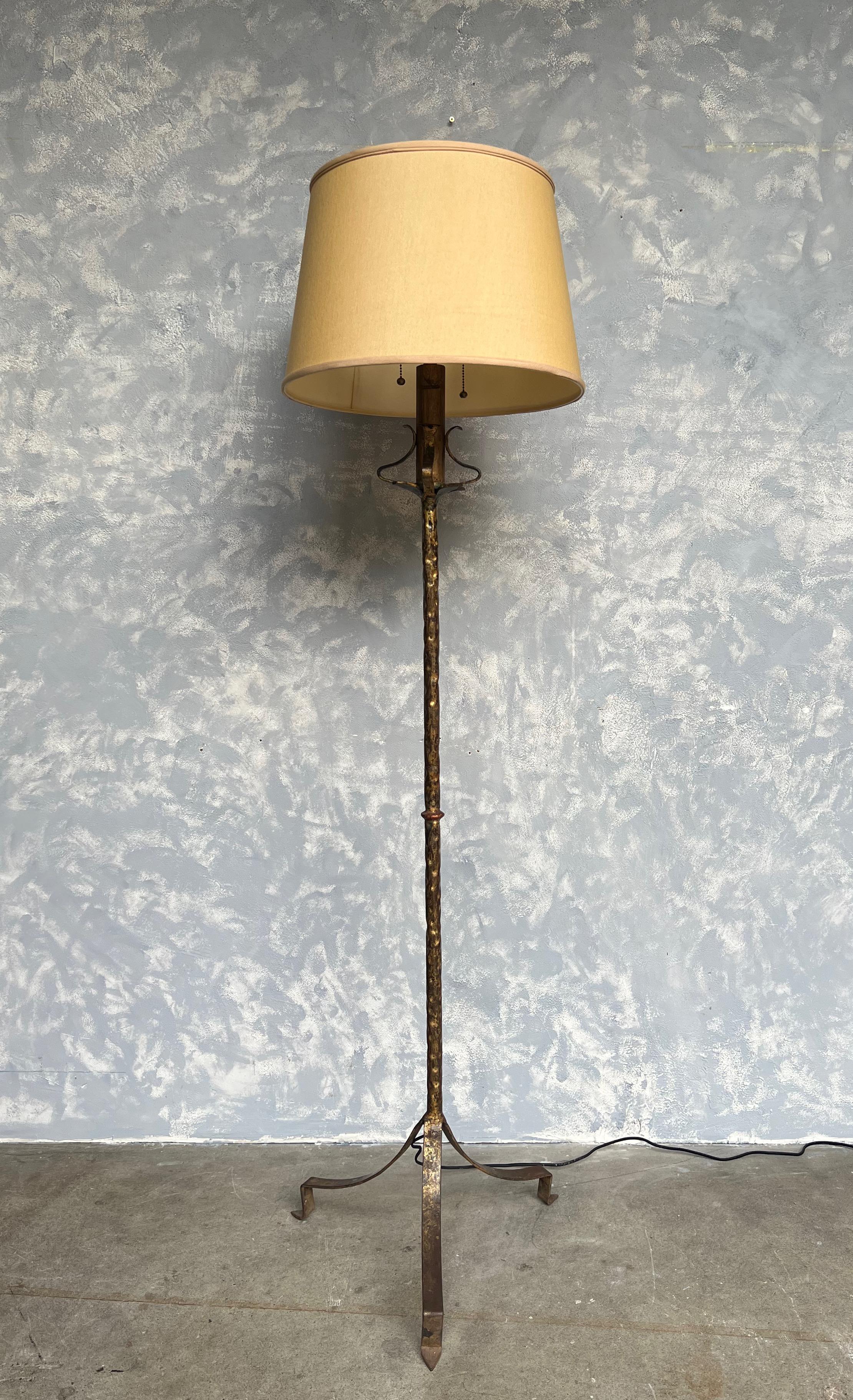 Spanish Colonial Spanish Gilt Metal Floor Lamp on a Tripod Base For Sale