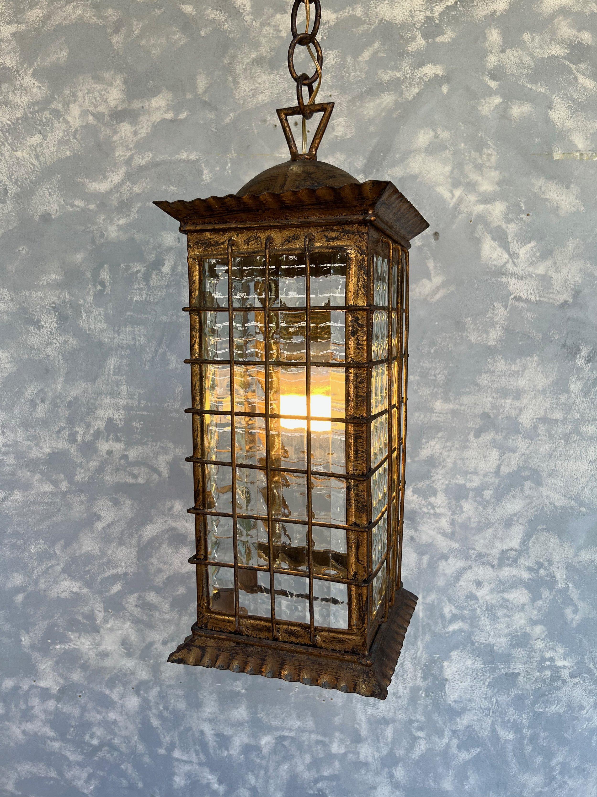 Spanish Gilt Metal Lantern with Textured Glass For Sale 5