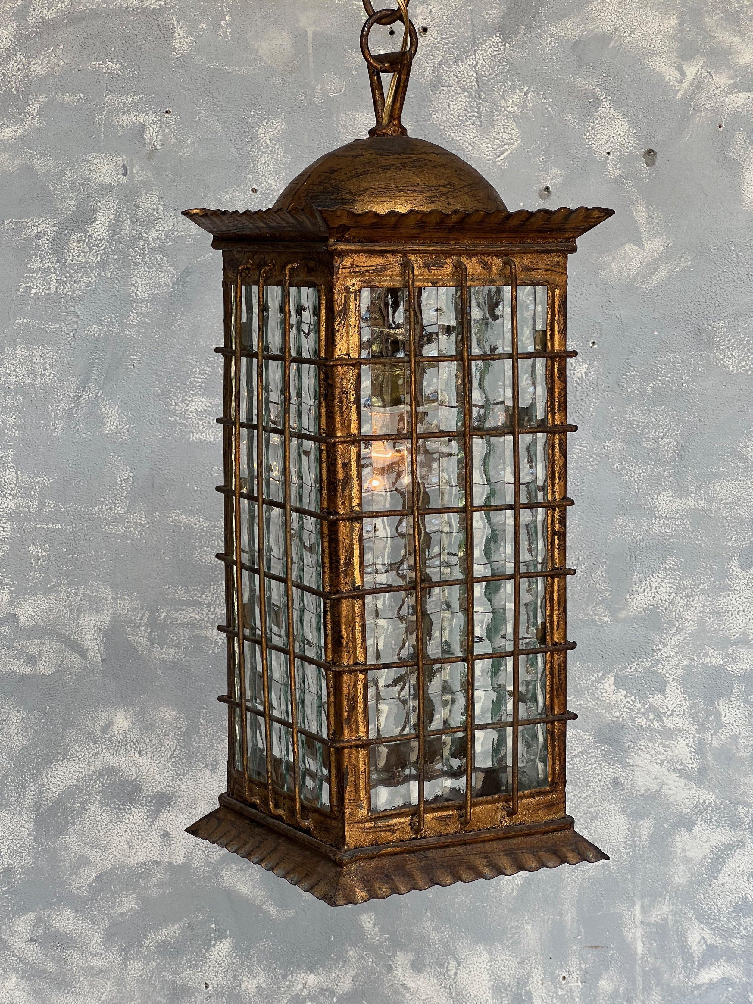 Spanish Gilt Metal Lantern with Textured Glass For Sale 6