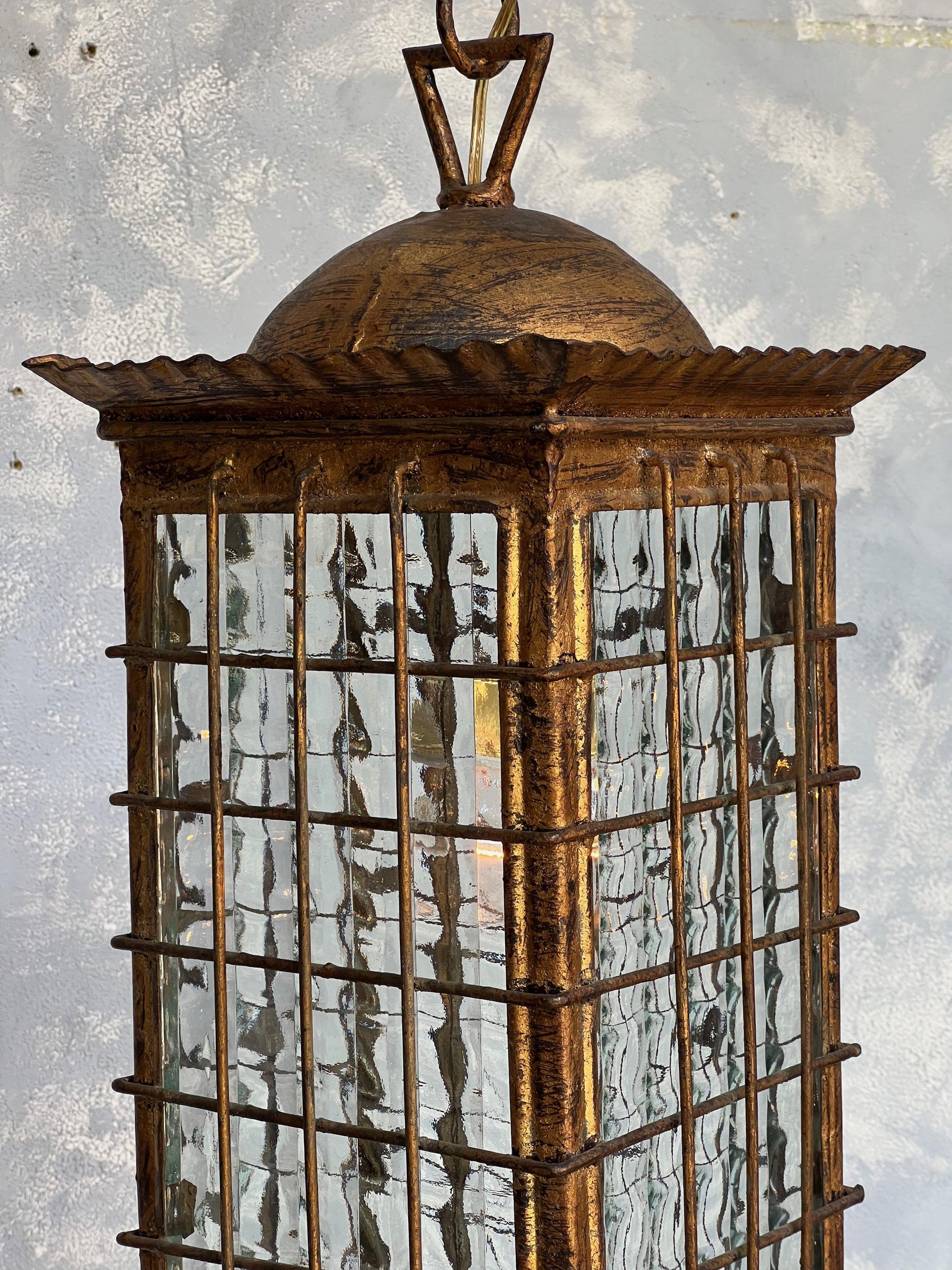 Mid-Century Modern Spanish Gilt Metal Lantern with Textured Glass For Sale