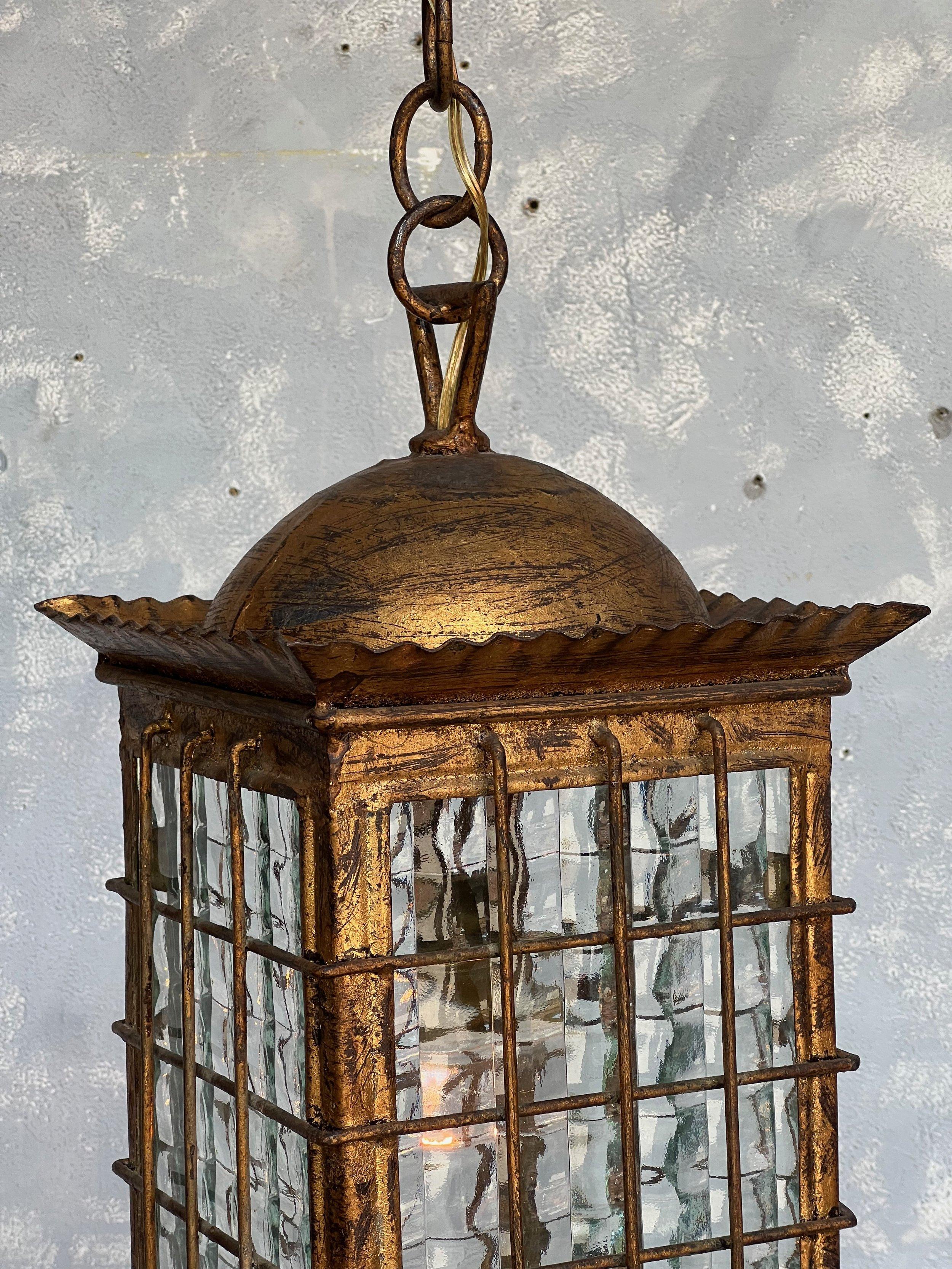 Spanish Gilt Metal Lantern with Textured Glass In Good Condition For Sale In Buchanan, NY