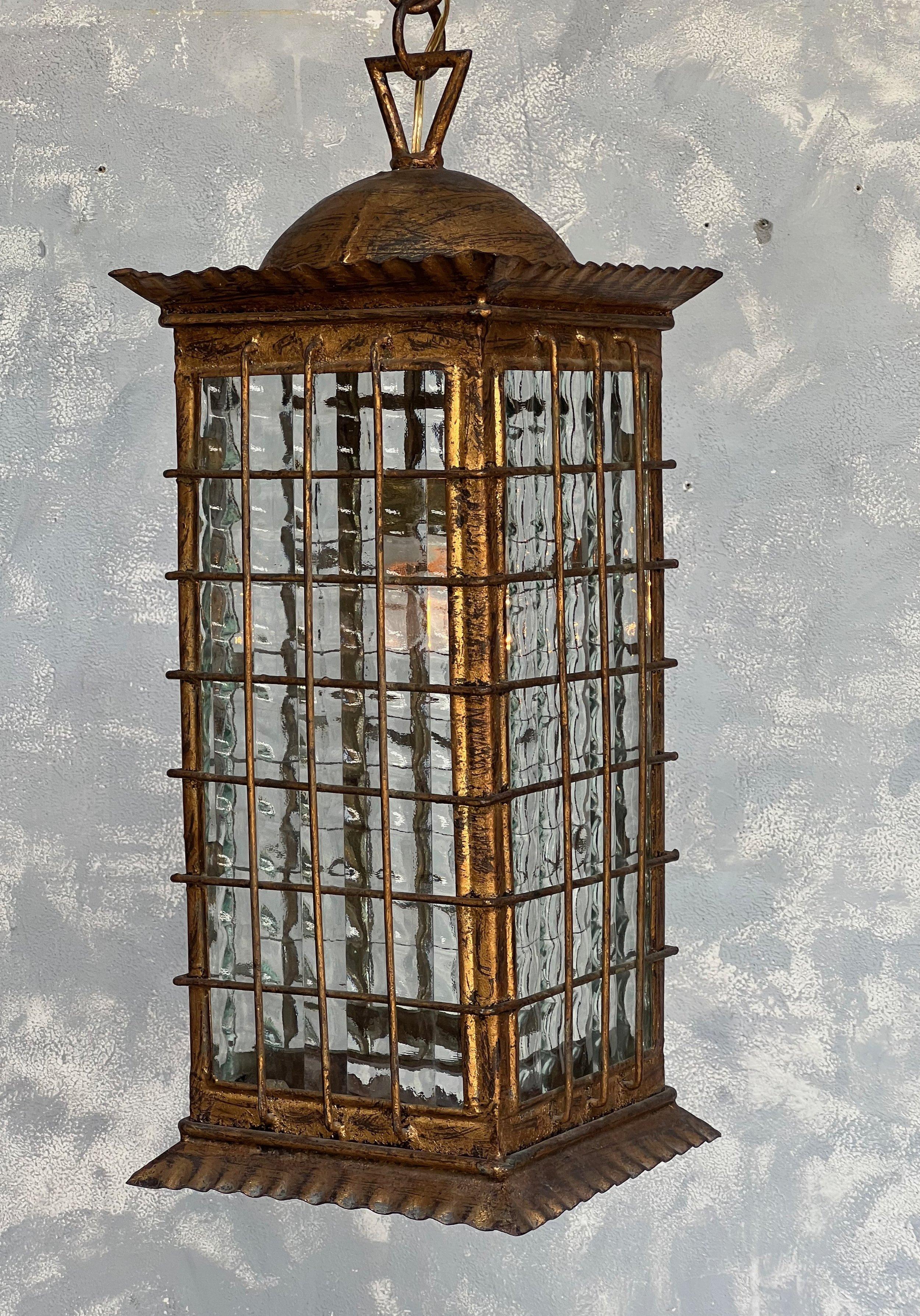 Mid-20th Century Spanish Gilt Metal Lantern with Textured Glass For Sale