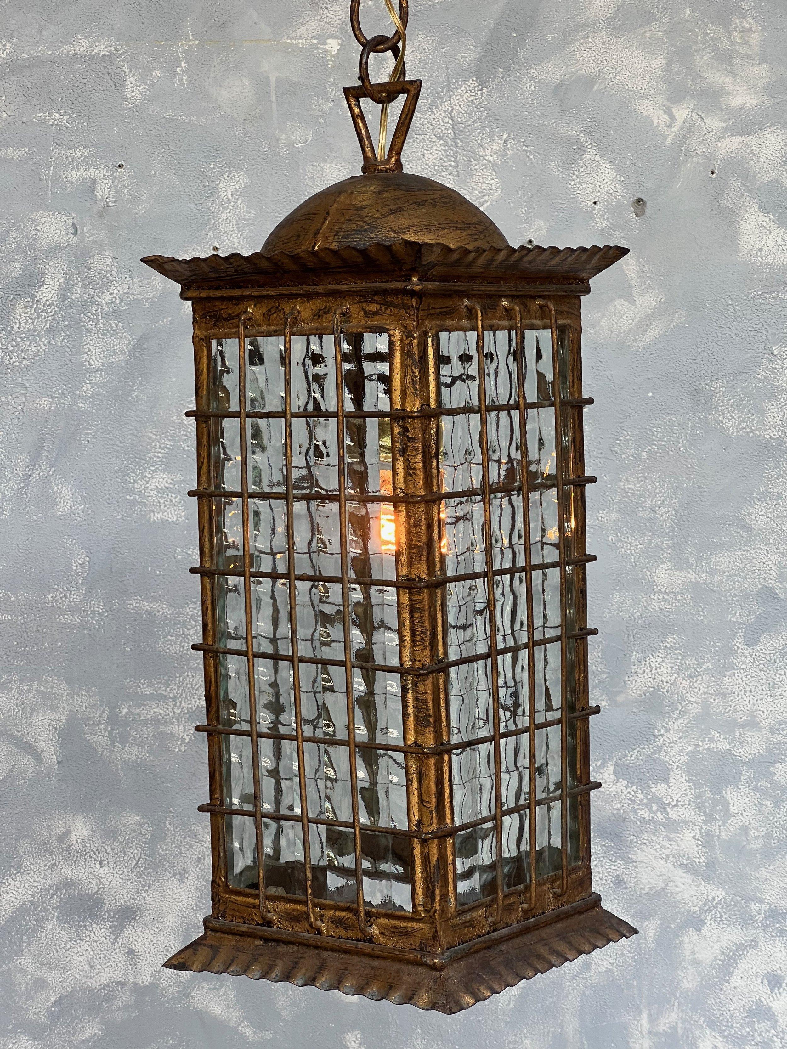 Spanish Gilt Metal Lantern with Textured Glass For Sale 2
