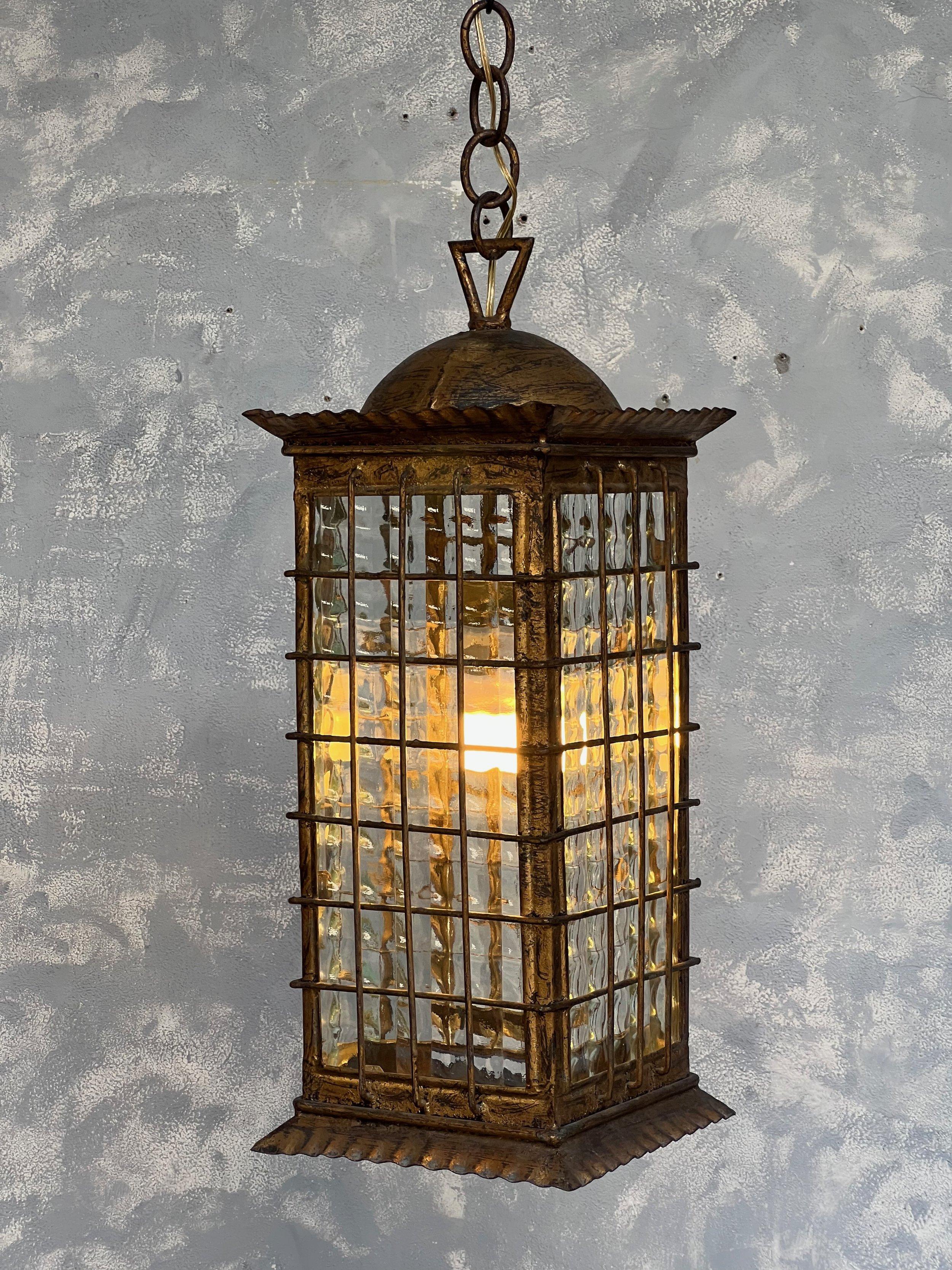 Spanish Gilt Metal Lantern with Textured Glass For Sale 3