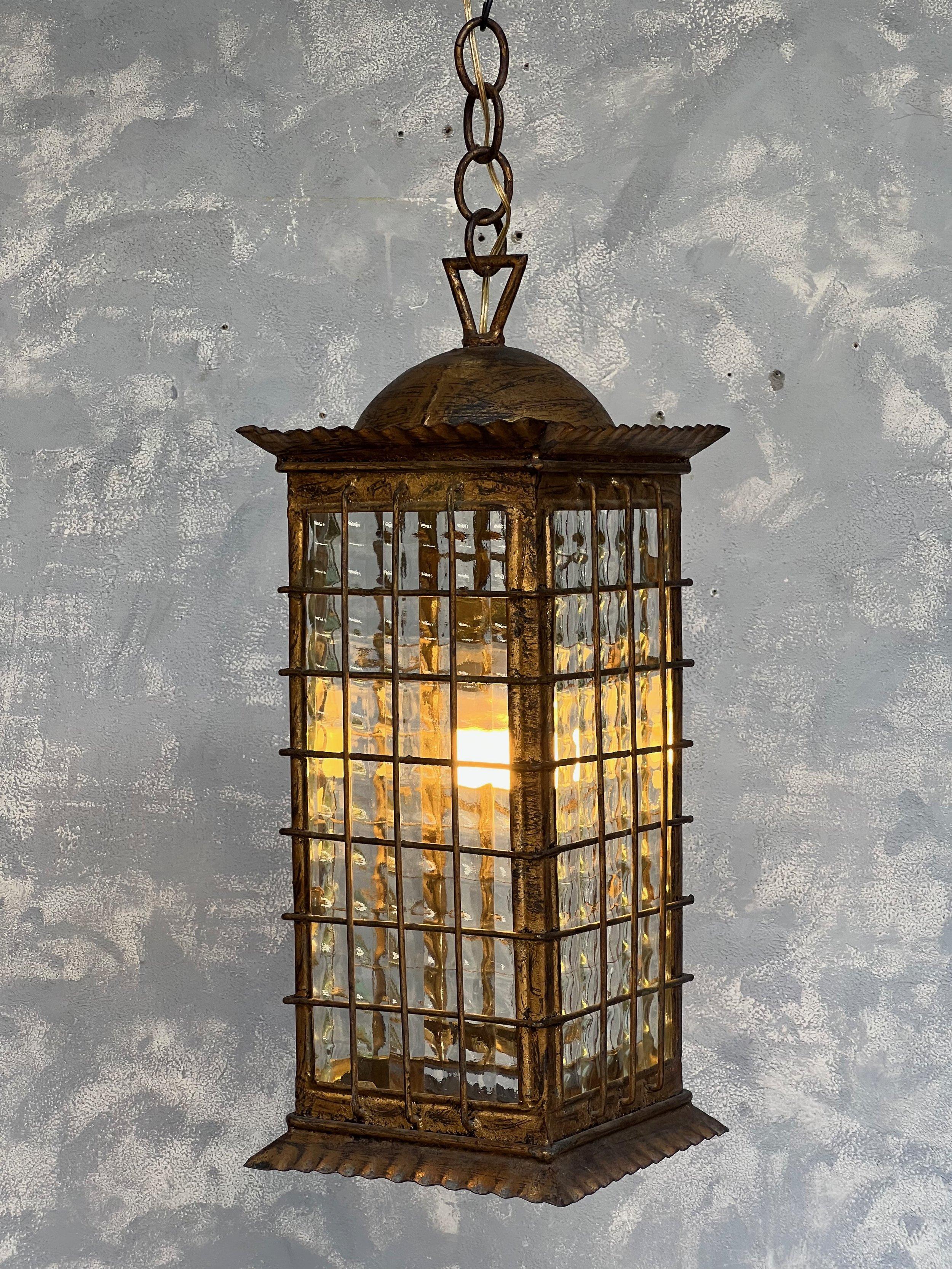 Spanish Gilt Metal Lantern with Textured Glass For Sale 4