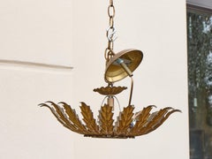 Spanish Gilt Metal Leaf Light Fixture with Frosted Glass, circa 1950-1960