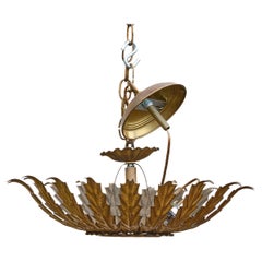 Spanish Gilt Metal Leaf Light Fixture with Frosted Glass, circa 1950-1960