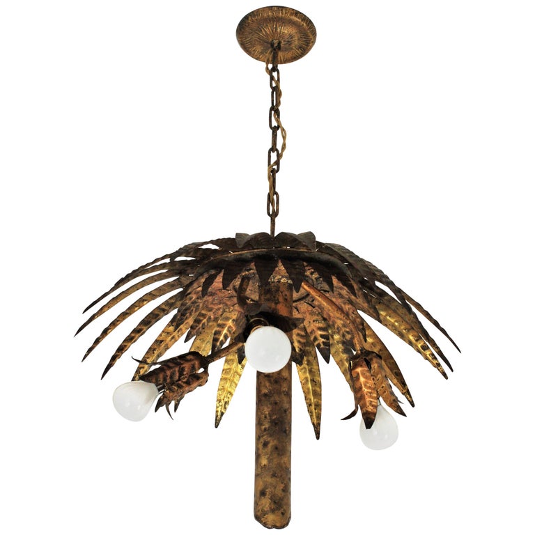 Spanish Gilt Metal Palm Tree Chandelier, Palm Tree Ceiling Light Fixture